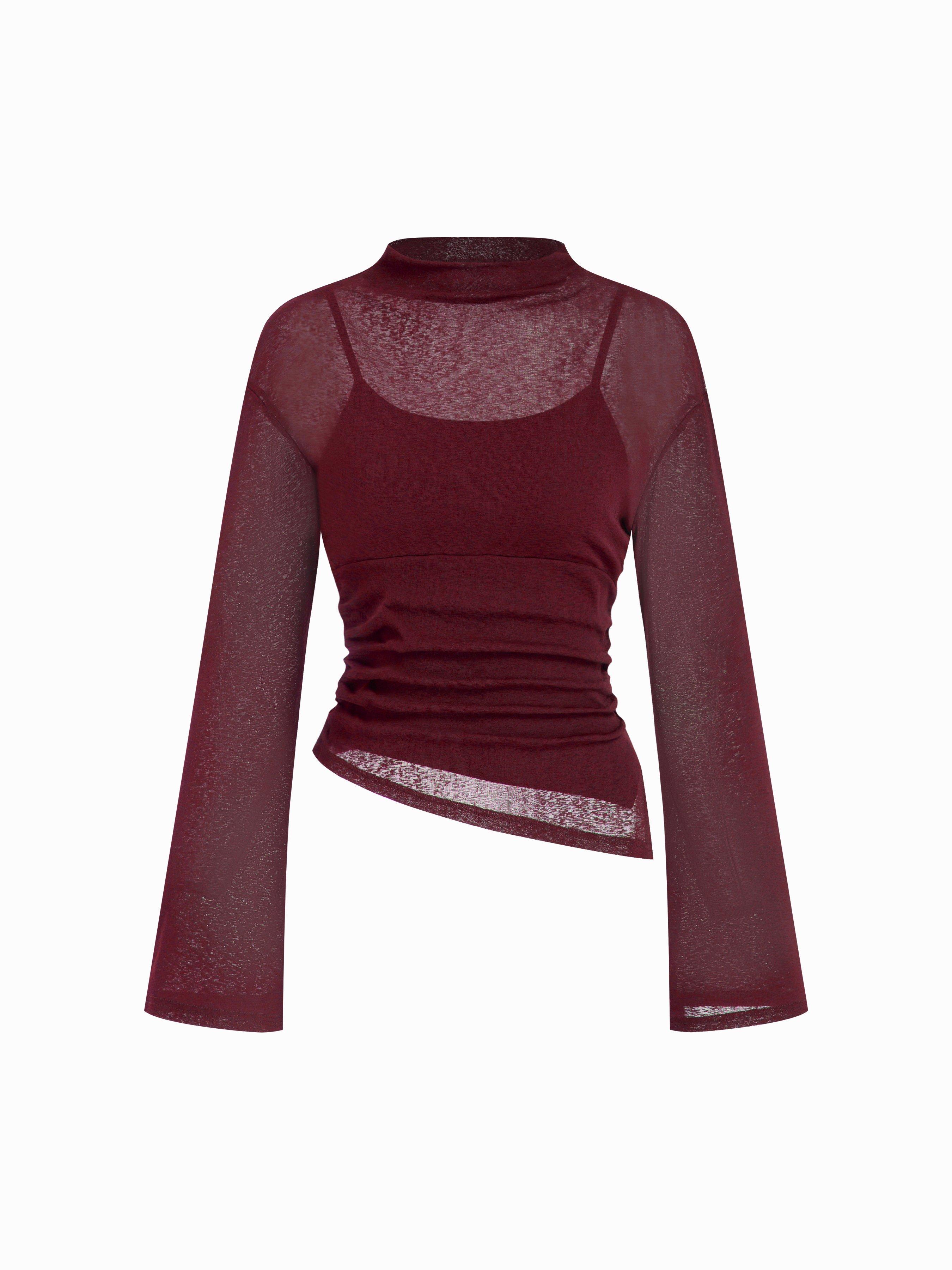 High Stretch High Neck Bell Sleeve Asymmetrical Ruched Layered Crop Top by CIDER