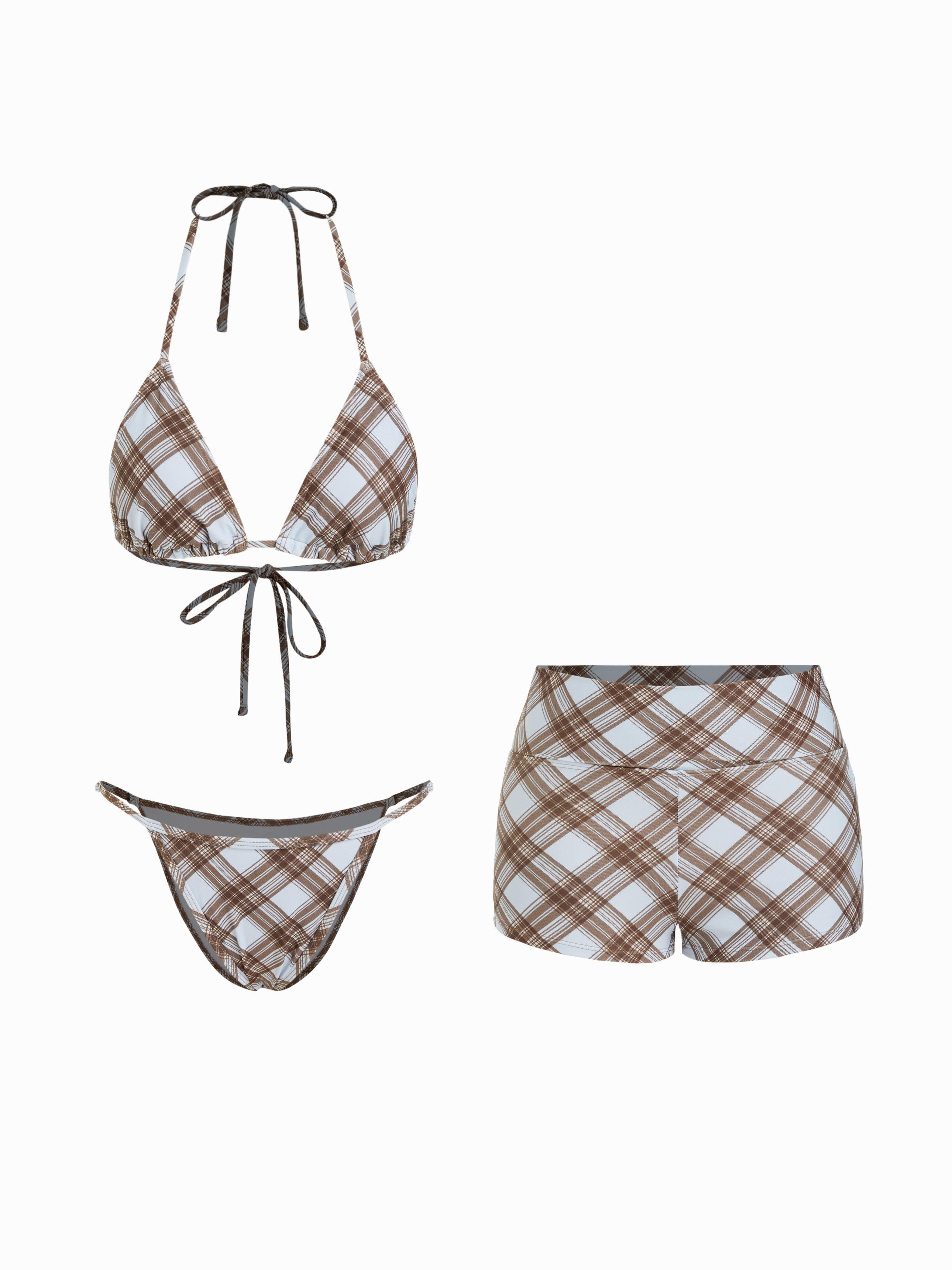 High Stretch Plaid Halter  Triangle Top & Mid Rise Bikini Shorts 3 Piece Bikini Set by CIDER