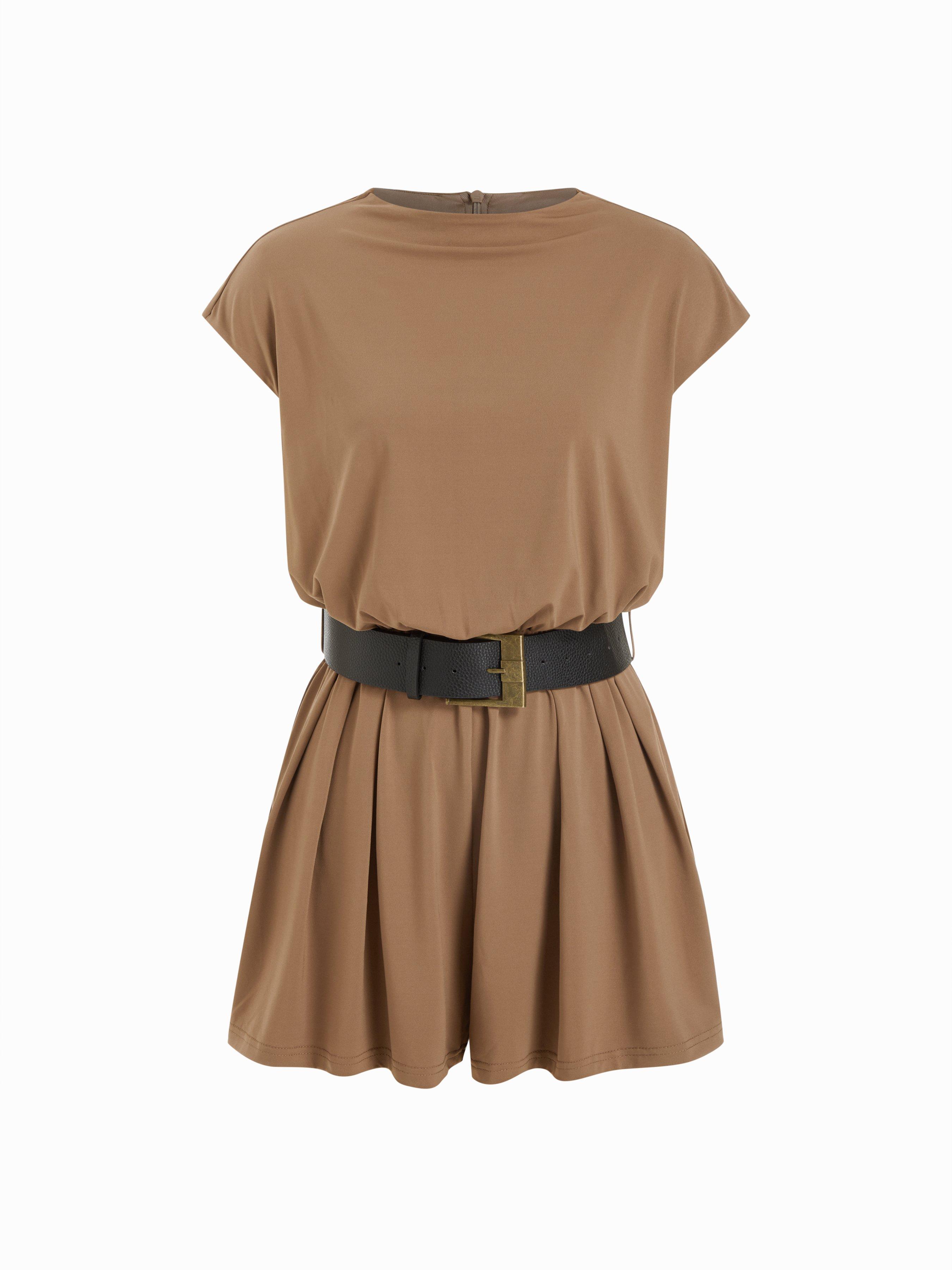 High Stretch Round Neckline Mid Rise Oversized Romper with Belt by CIDER