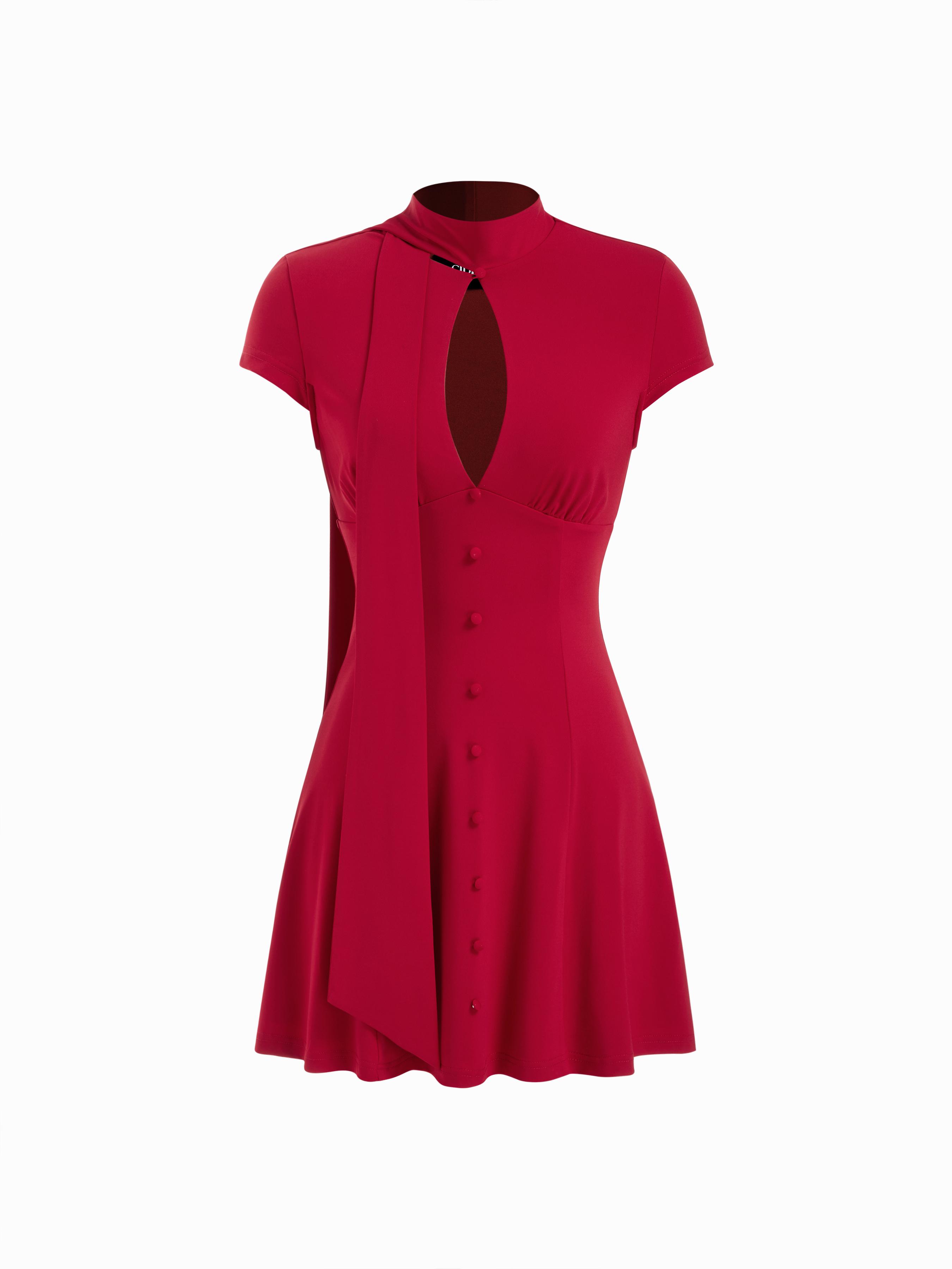 High Stretch Solid Stand Collar Cut Out A-line Mini Dress With Scarf by CIDER