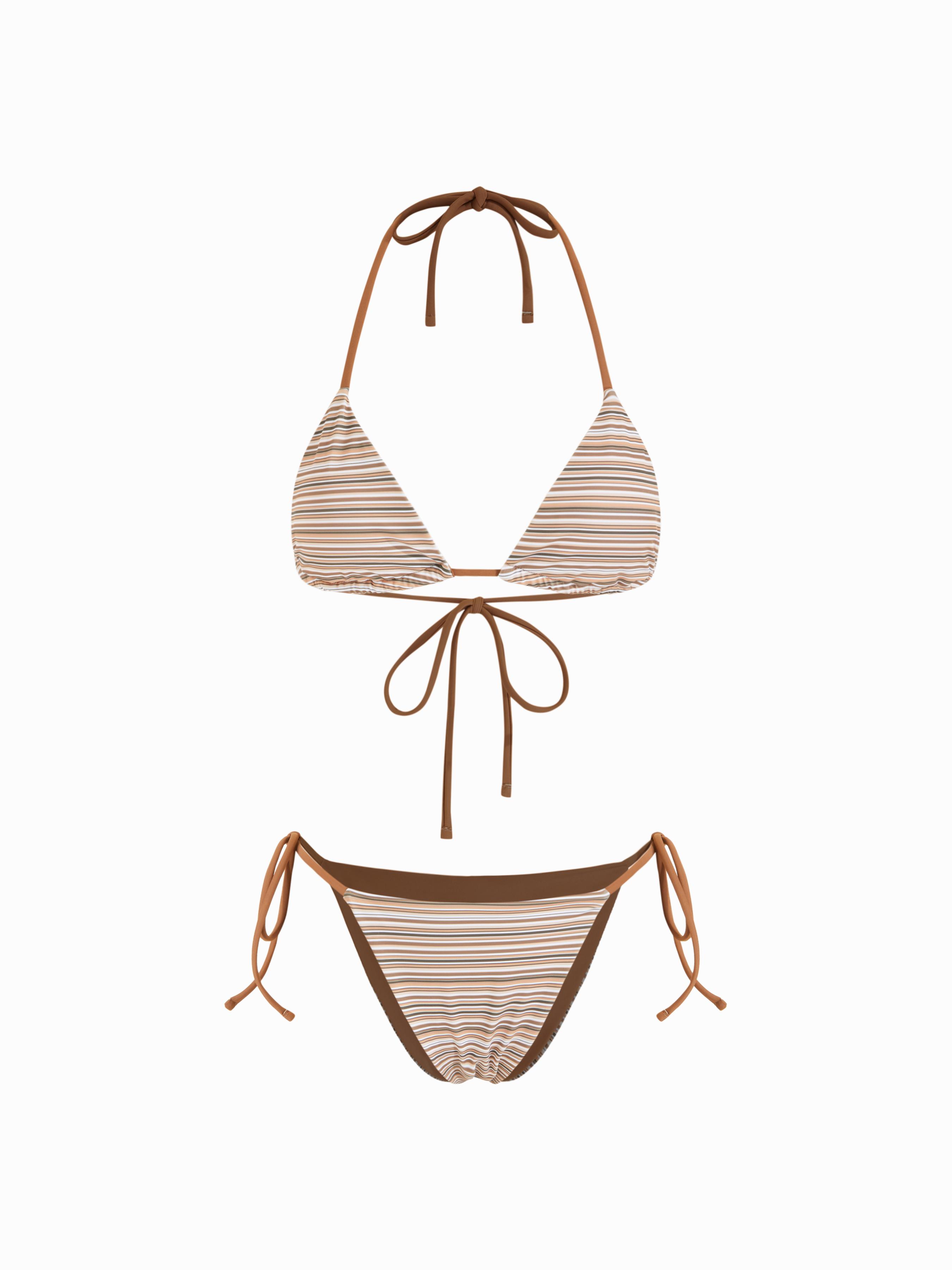 High Stretch Striped Halter Neck Tie Side Triangle Bikini Set by CIDER
