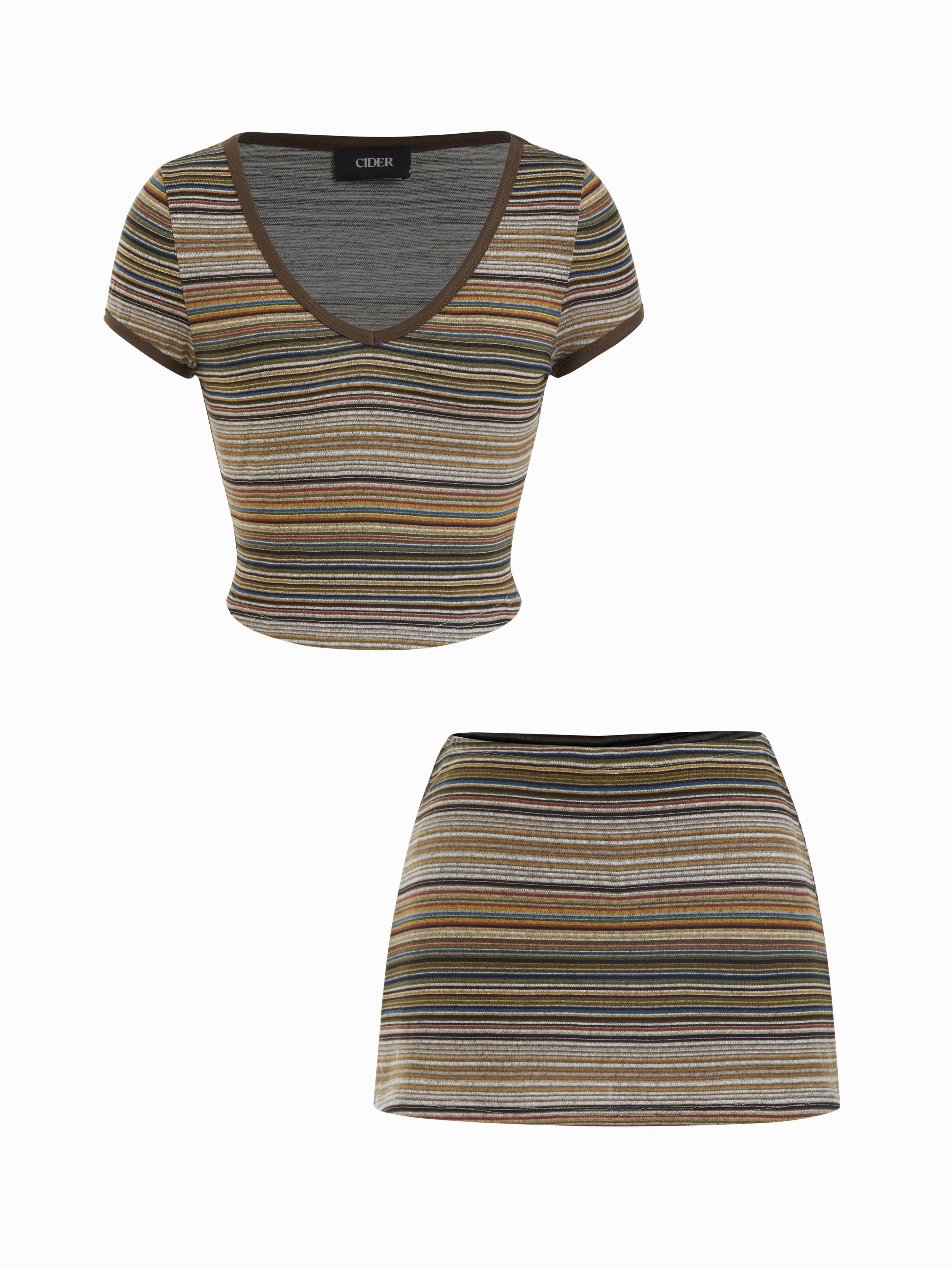 High Stretch Striped V-Neck Crop Top & Low Rise Mini Pencil Skirt Set by CIDER