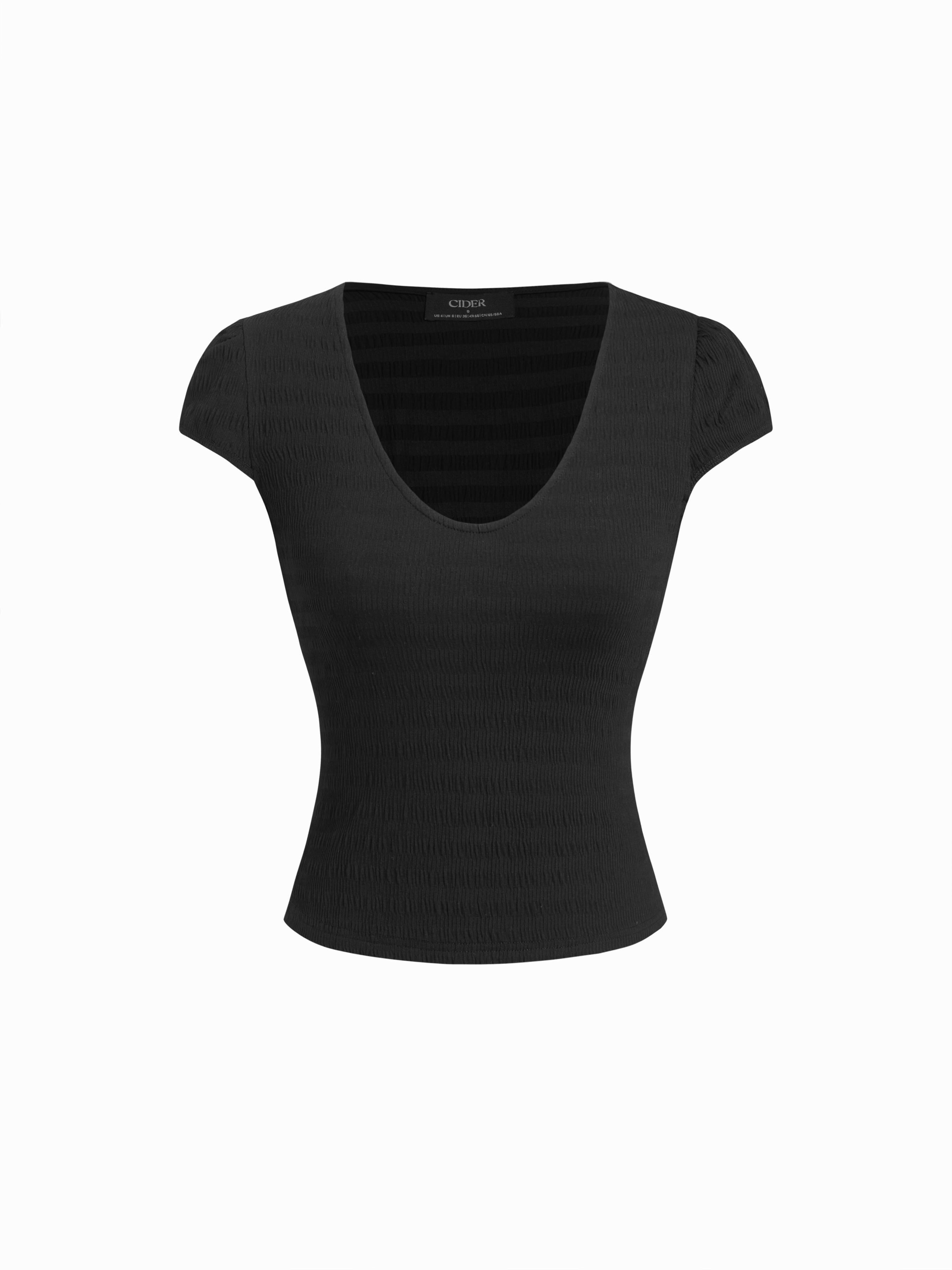 High Stretch Textured Scoop Neckline Short Puff Sleeve Top by CIDER