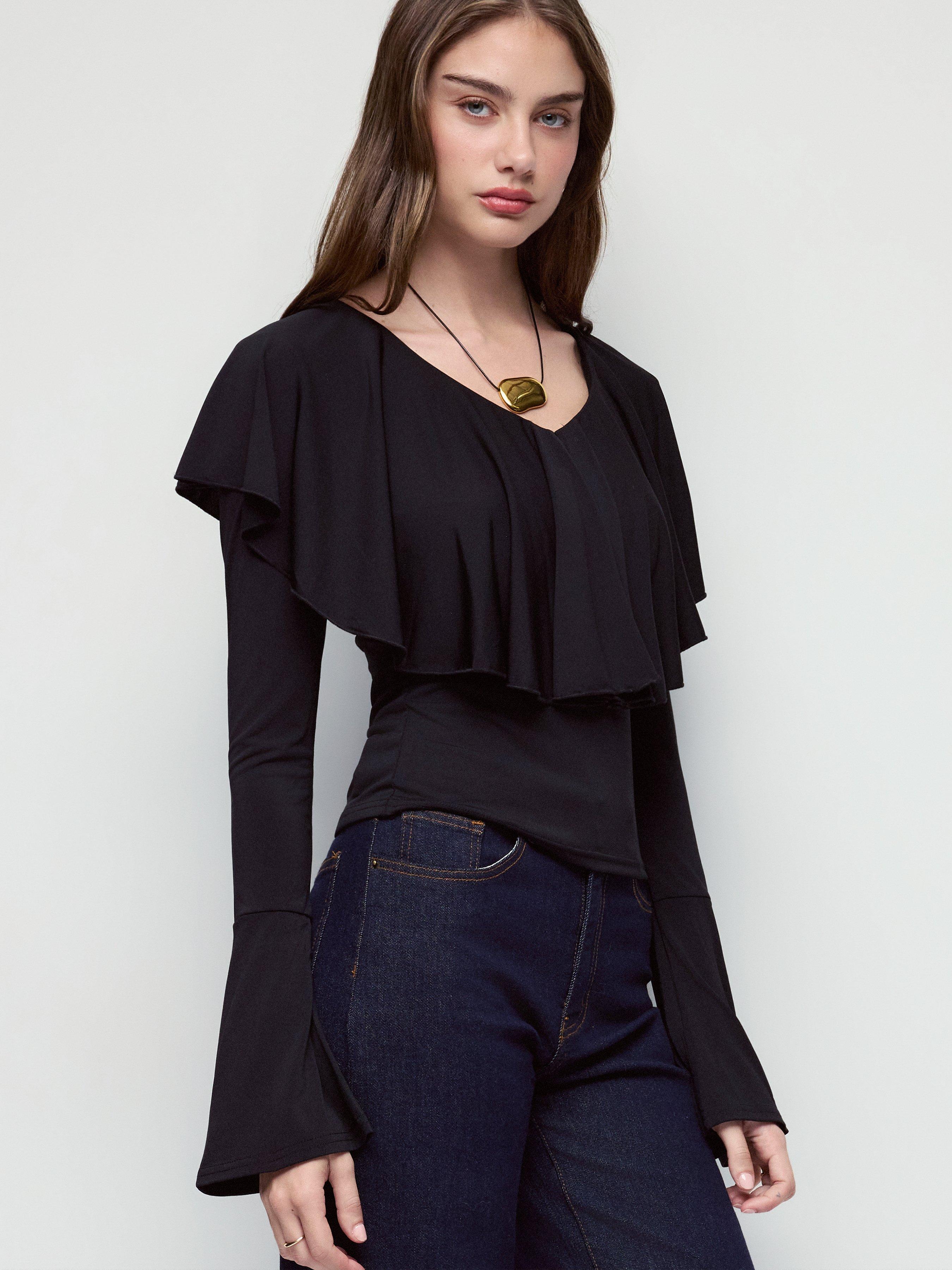 High Stretch V-neck Bell Sleeve Ruffle Crop Top by CIDER