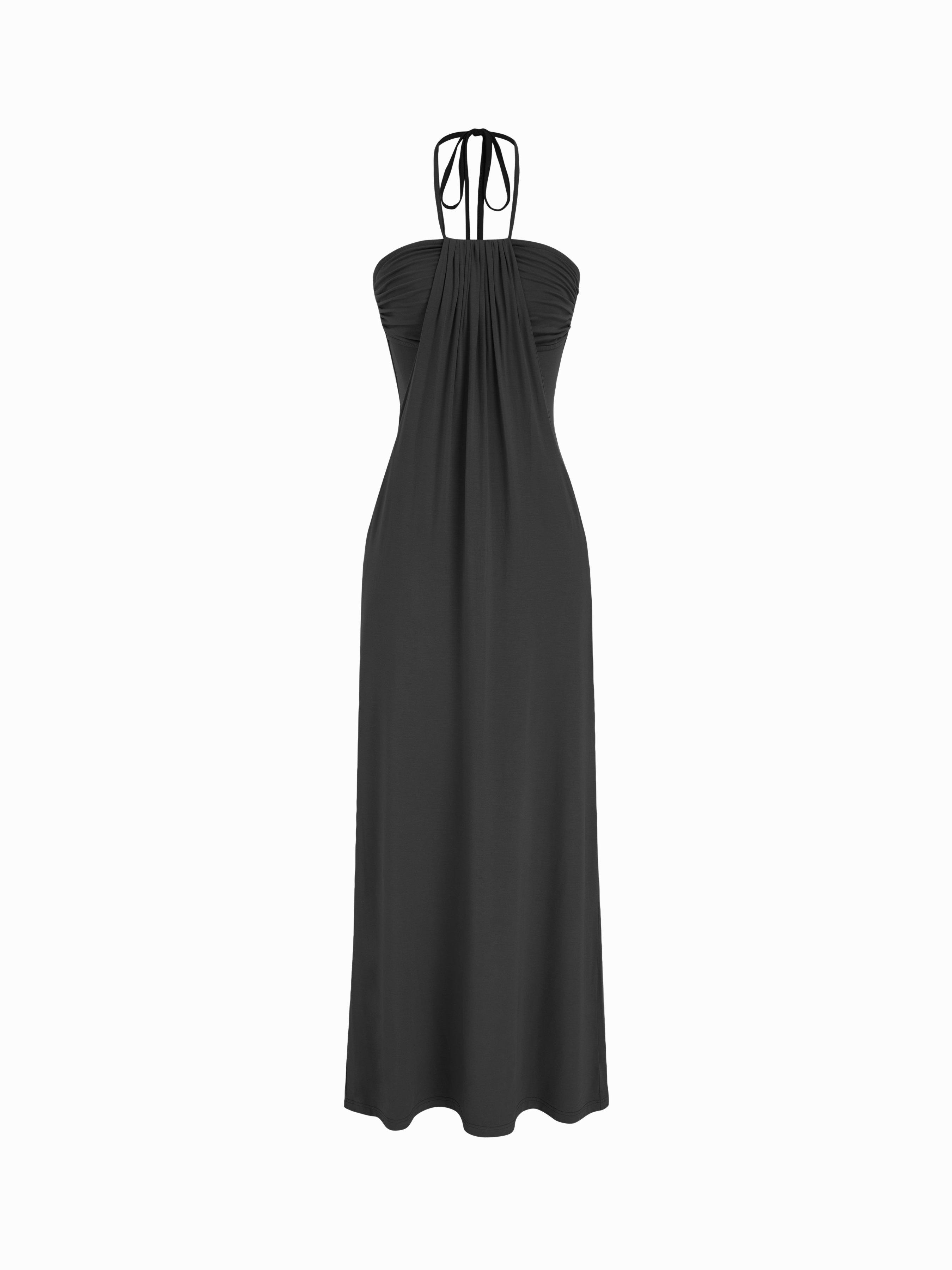 High Stretch Viscose Halter Neck Drawstring A-line Maxi Dress by CIDER