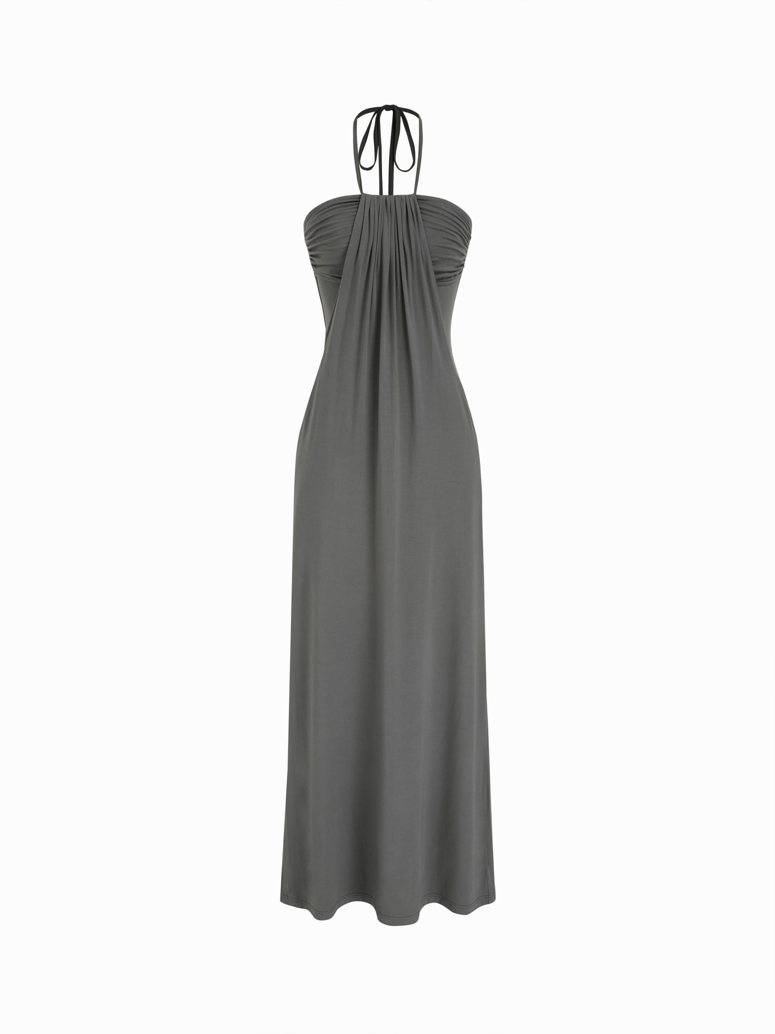 High Stretch Viscose Halter Neck Drawstring A-line Maxi Dress by CIDER