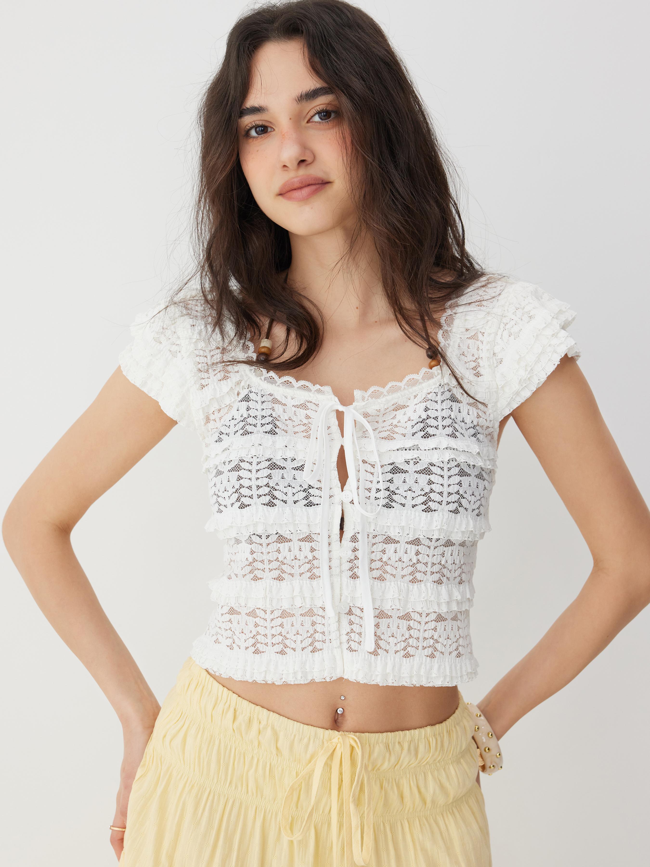 Hollow Out Lace Panel Square Neck Ruffle Sleeve Oversized Crop Top by CIDER