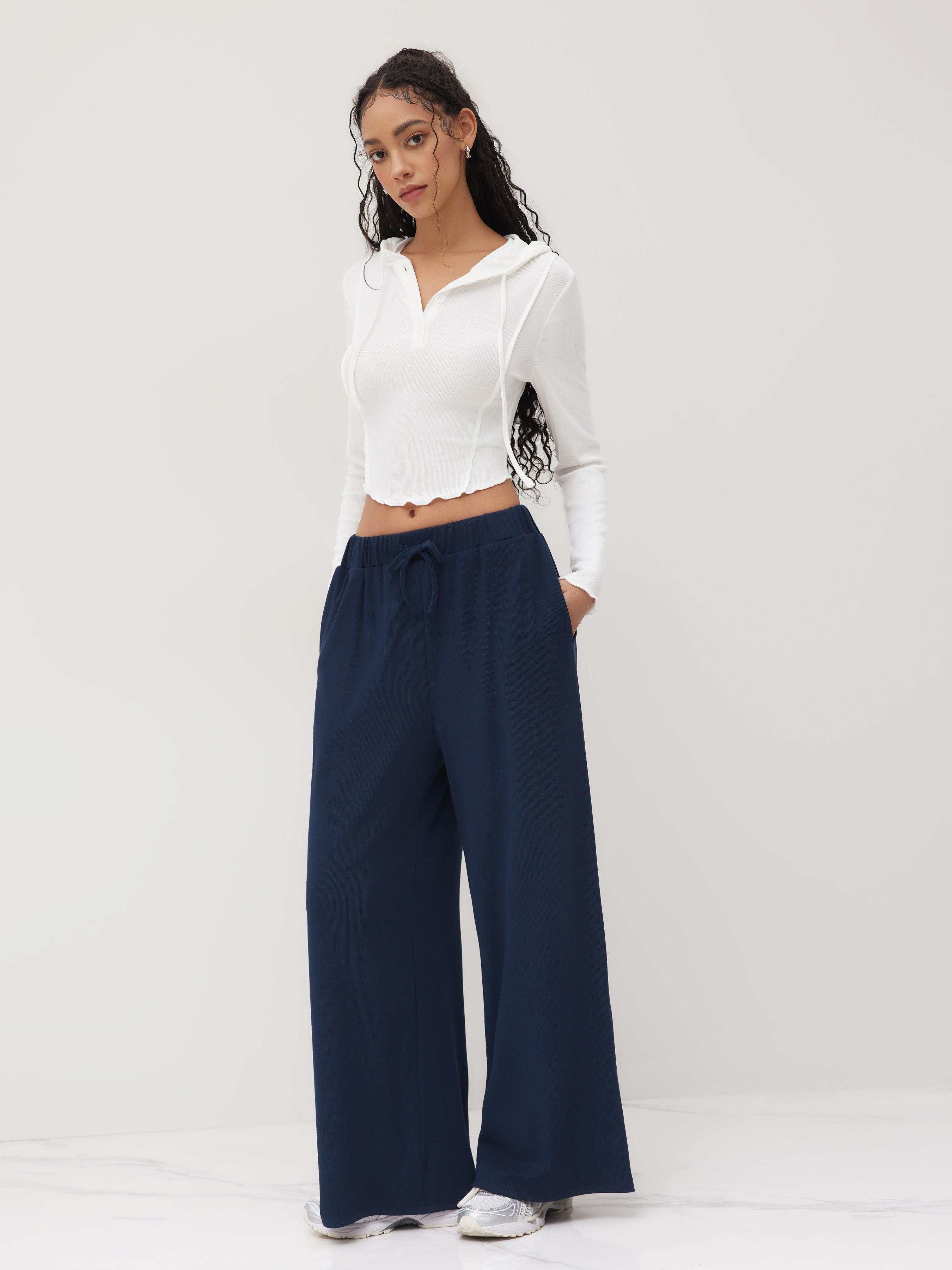 Hooded Solid Top & Mid Rise Pocket Wide Leg Trousers Set by CIDER