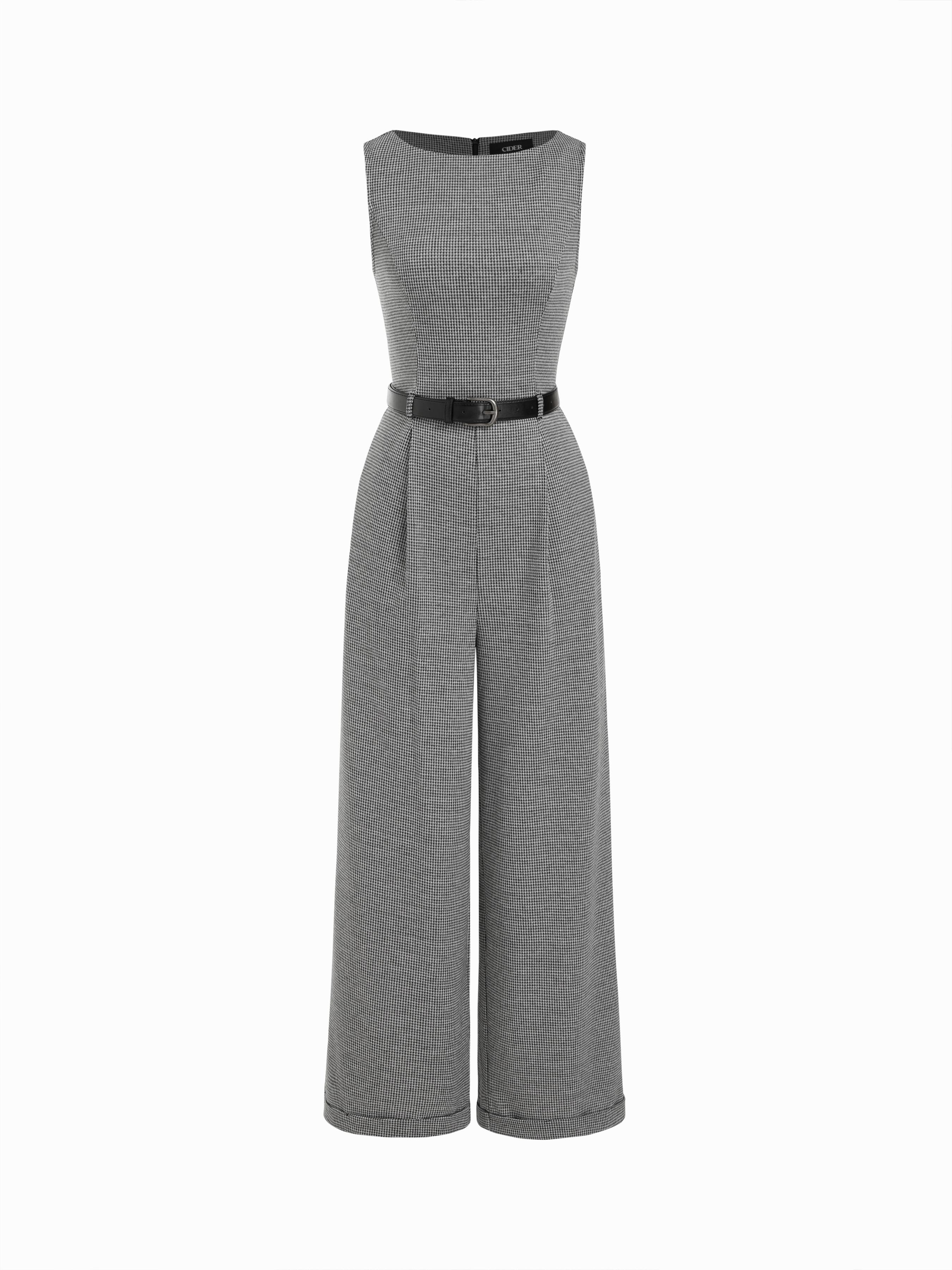 Houndstooth Boat Neck Zipper Wide Leg Jumpsuit With Belt by CIDER