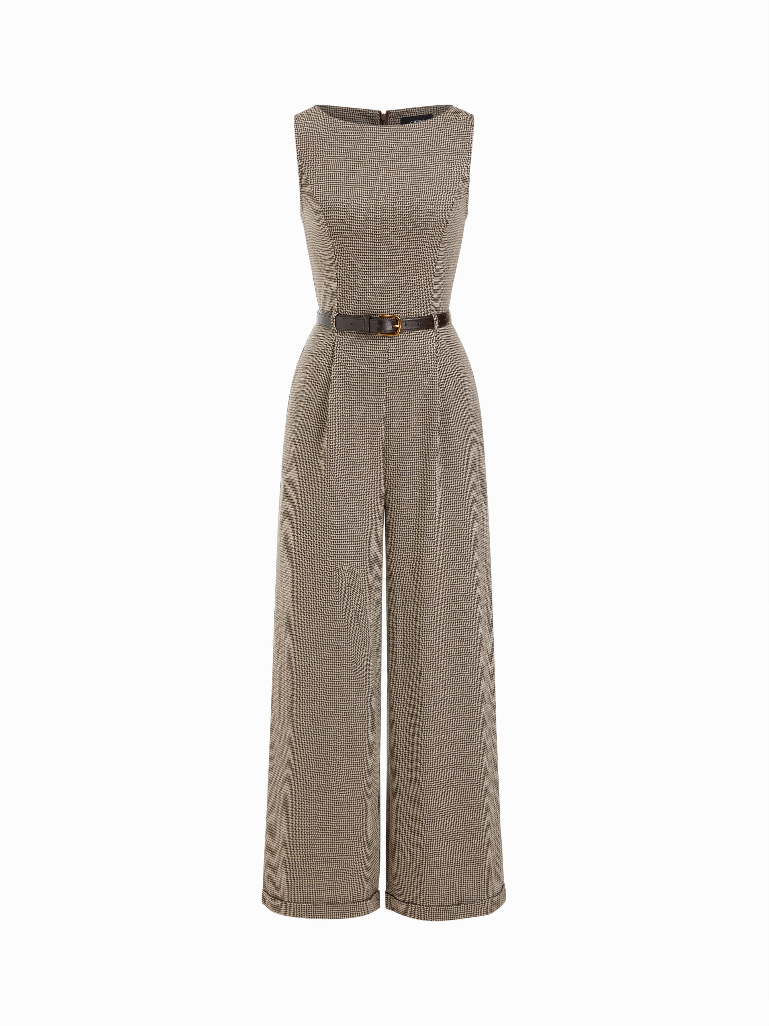 Houndstooth Boat Neck Zipper Wide Leg Jumpsuit With Belt by CIDER