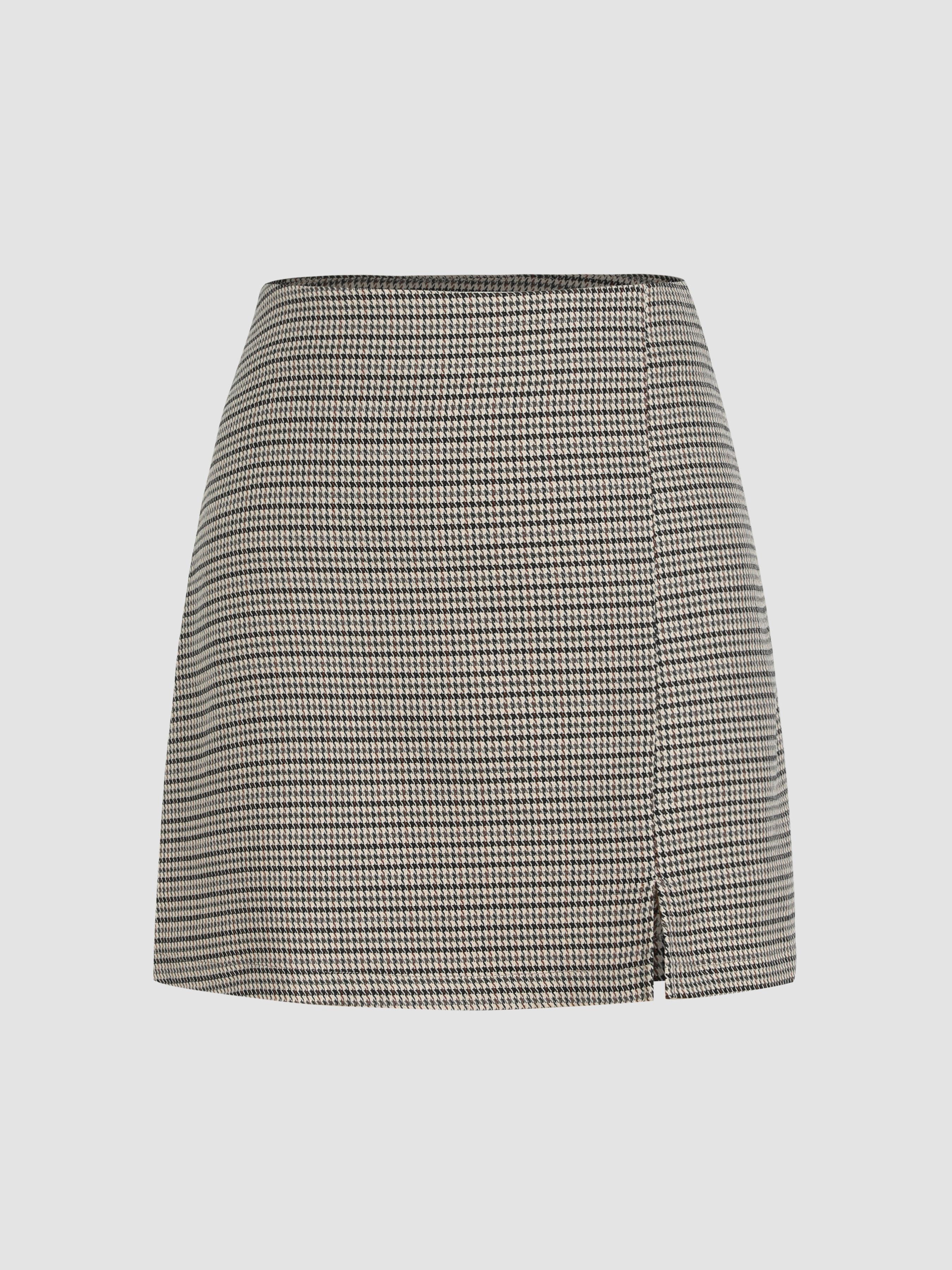Houndstooth High Waist Split Mini Skirt by CIDER