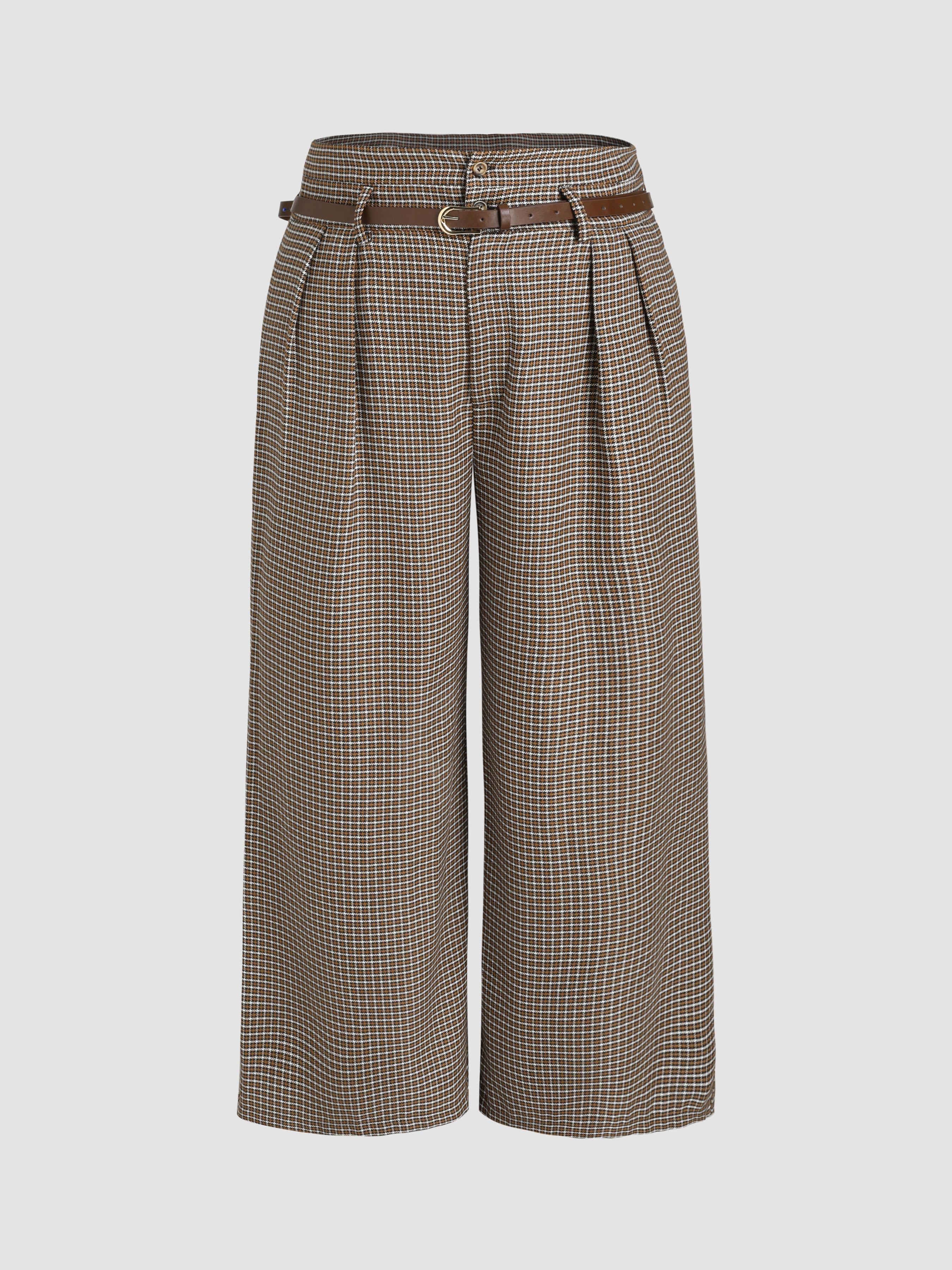 Houndstooth Mid Waist Belted Wide Leg Trousers Curve & Plus by CIDER