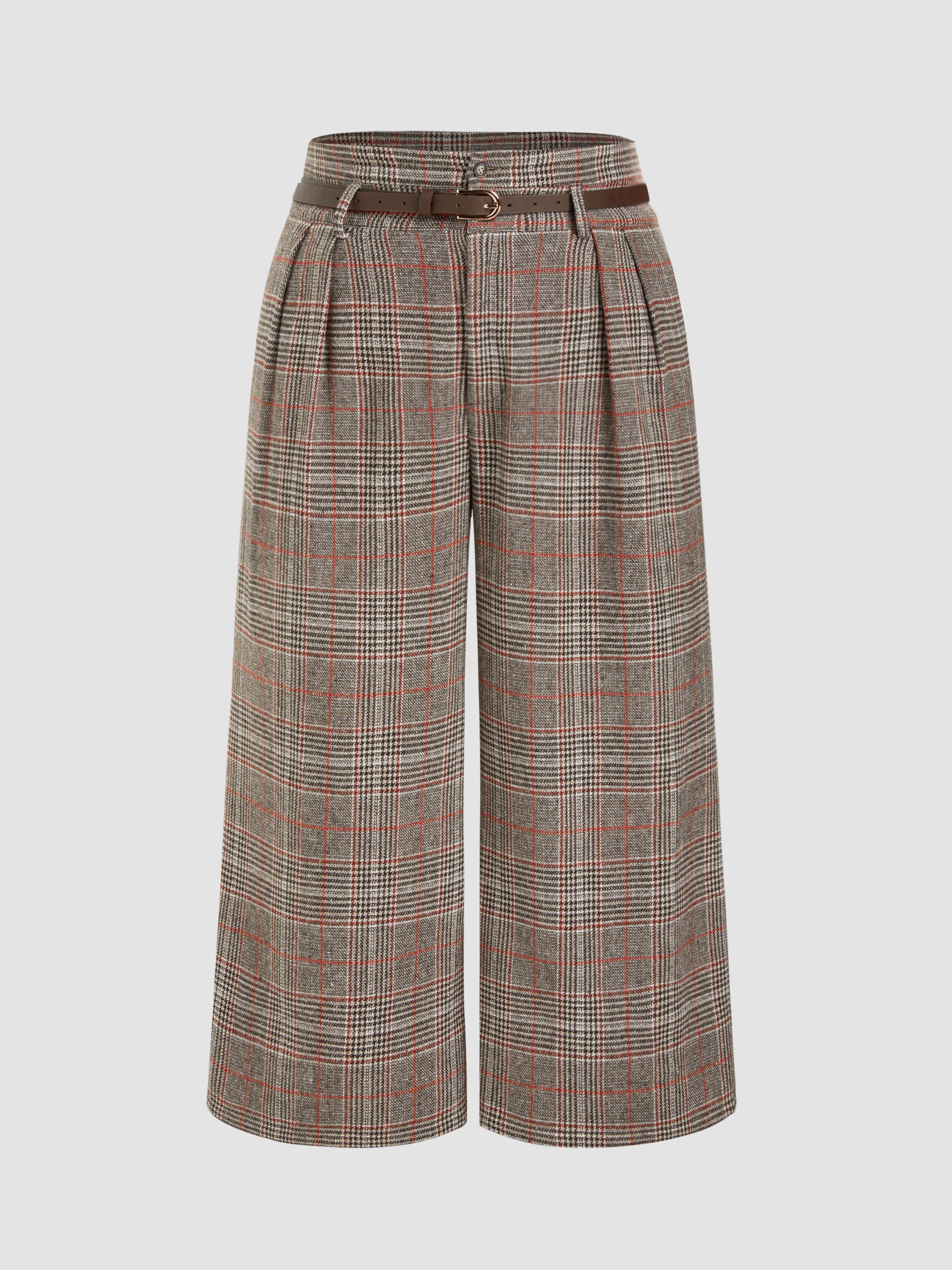 Houndstooth Mid Waist Belted Wide Leg Trousers Curve & Plus by CIDER