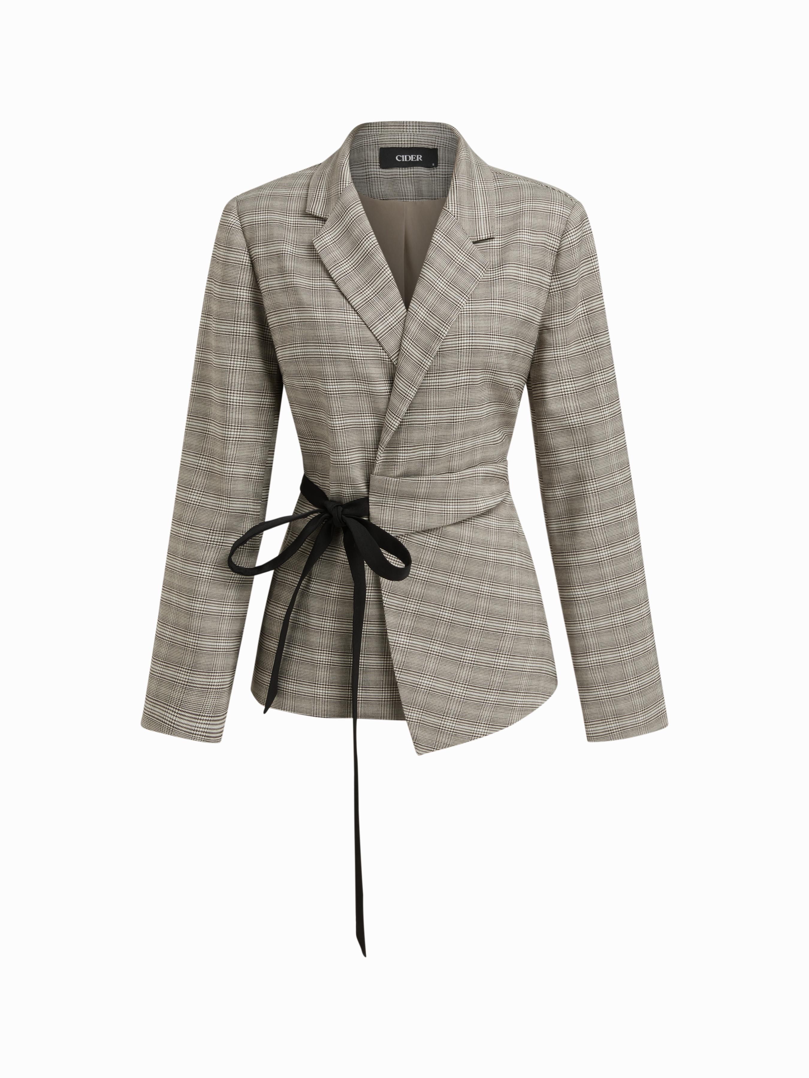 Houndstooth Notched Collar Tie Side Bowknot Asymmetrical Hem Blazer by CIDER