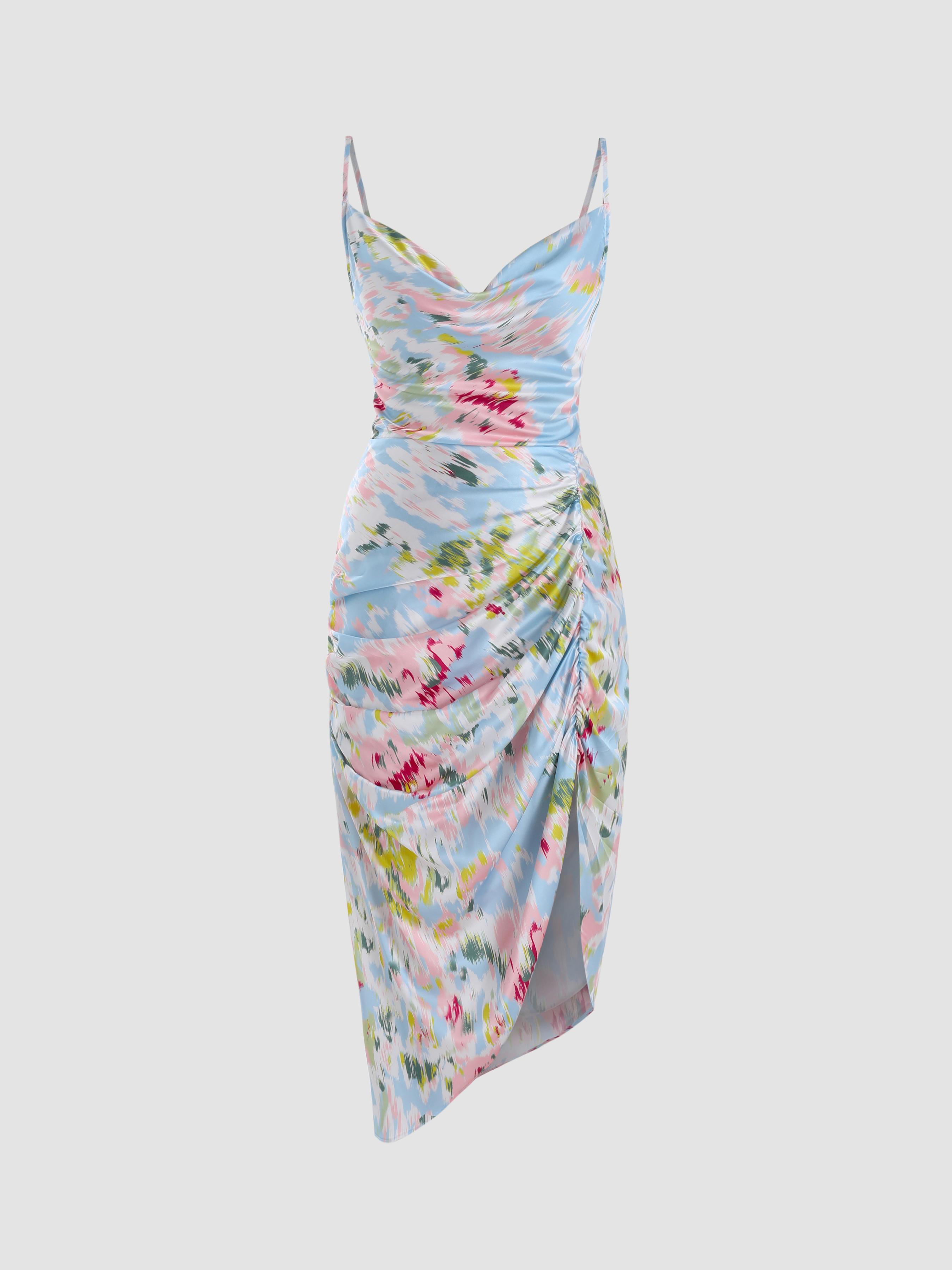 Illusion Floral Ruched Cowl Neck Midi Dress by CIDER