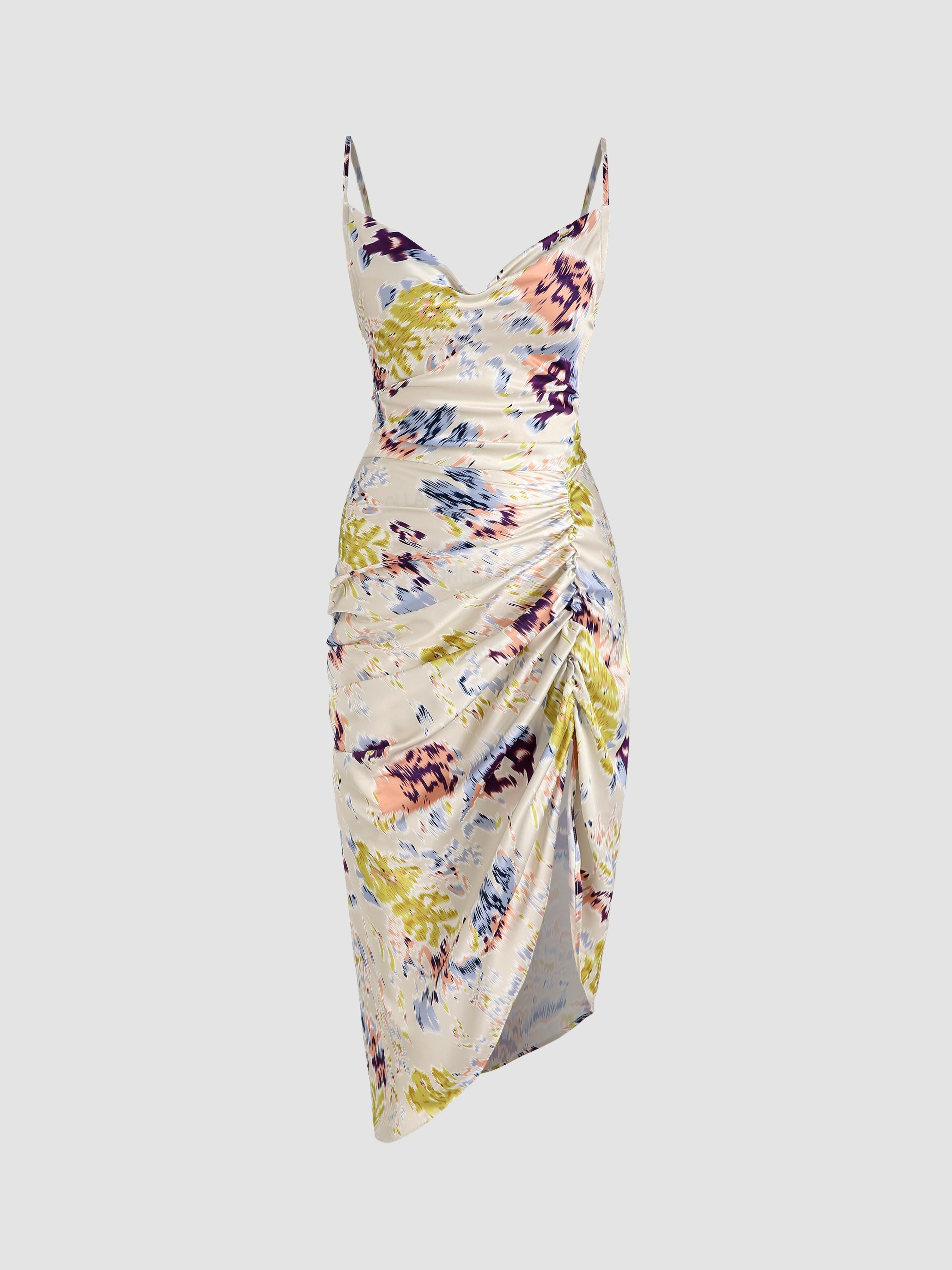 Illusion Floral Ruched Cowl Neck Midi Dress by CIDER