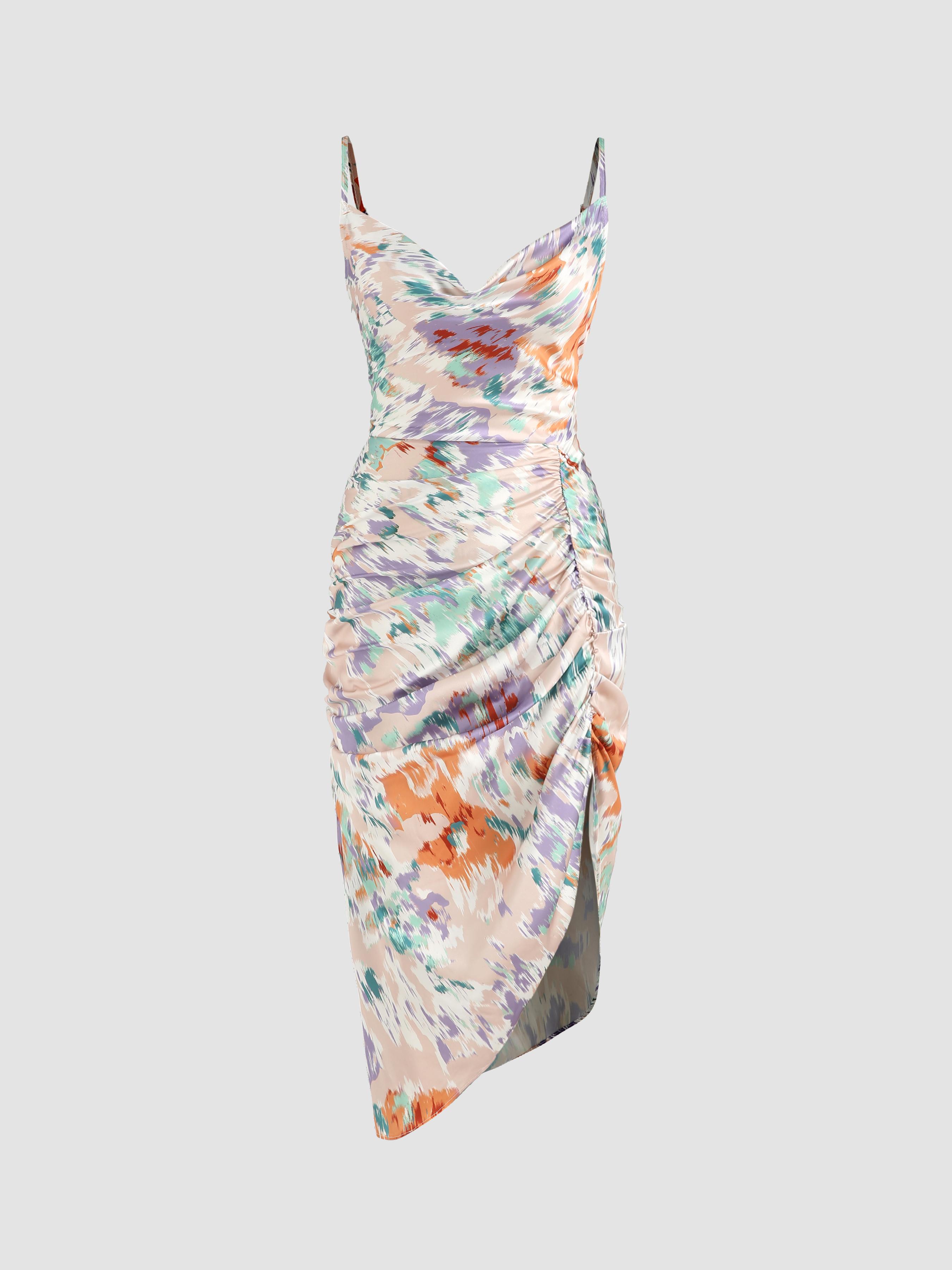 Illusion Floral Ruched Cowl Neck Midi Dress by CIDER