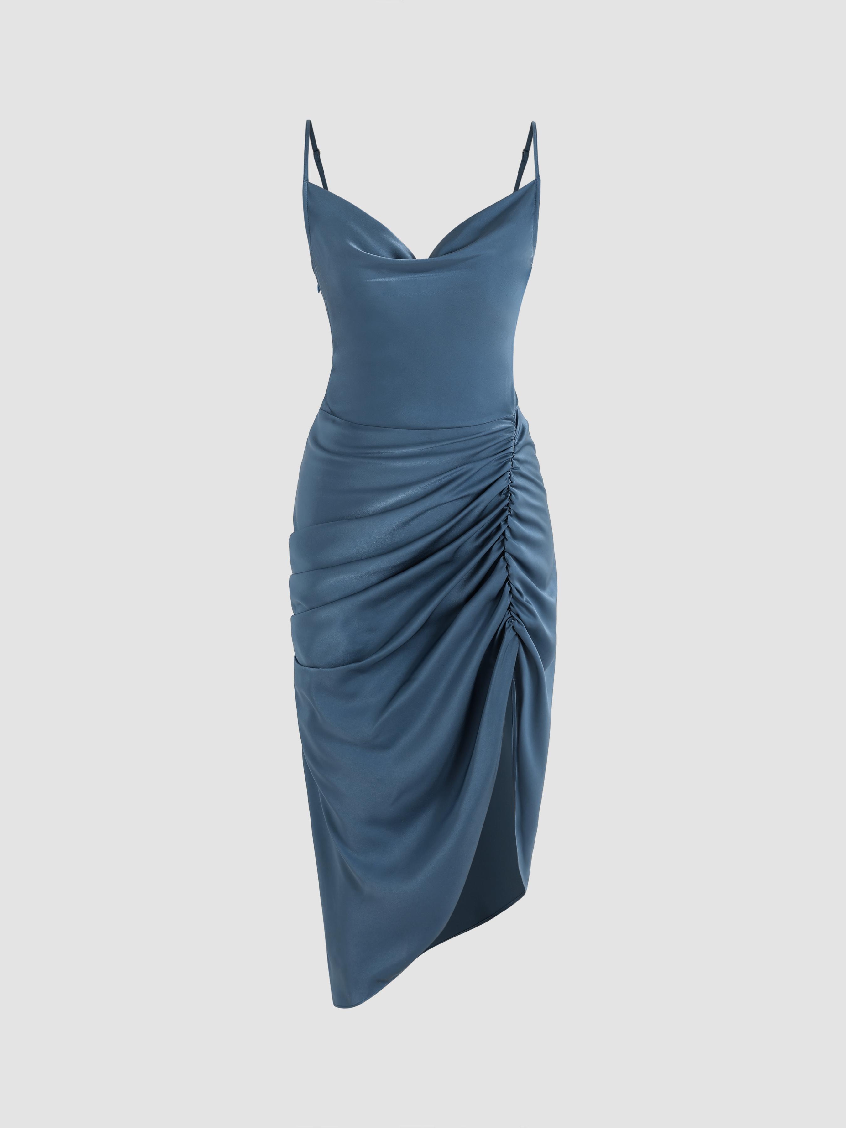 Illusion Floral Ruched Cowl Neck Midi Dress by CIDER