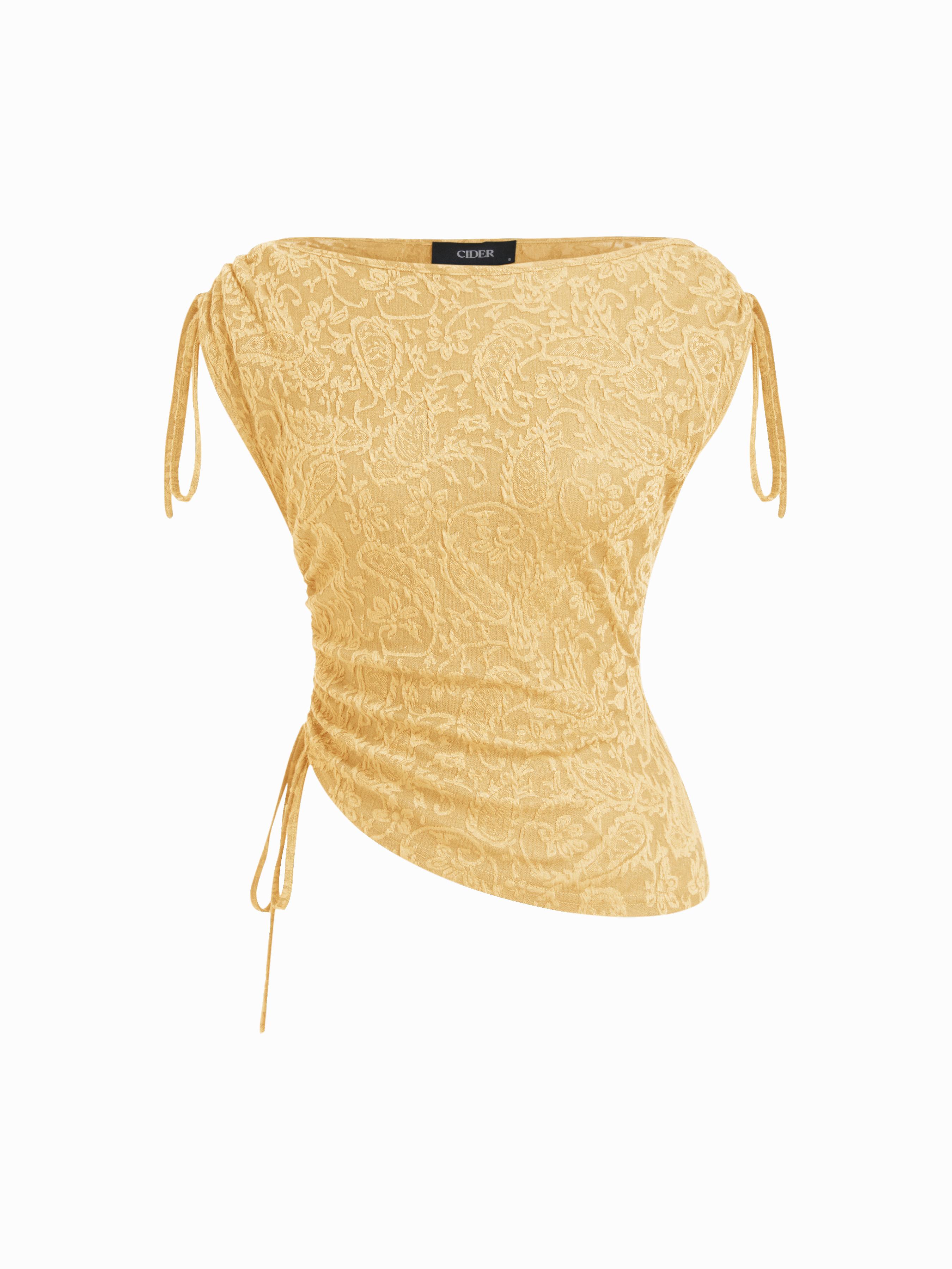 Jacquard Boat Neck Drawstring Ruched Asymmertrical Top by CIDER