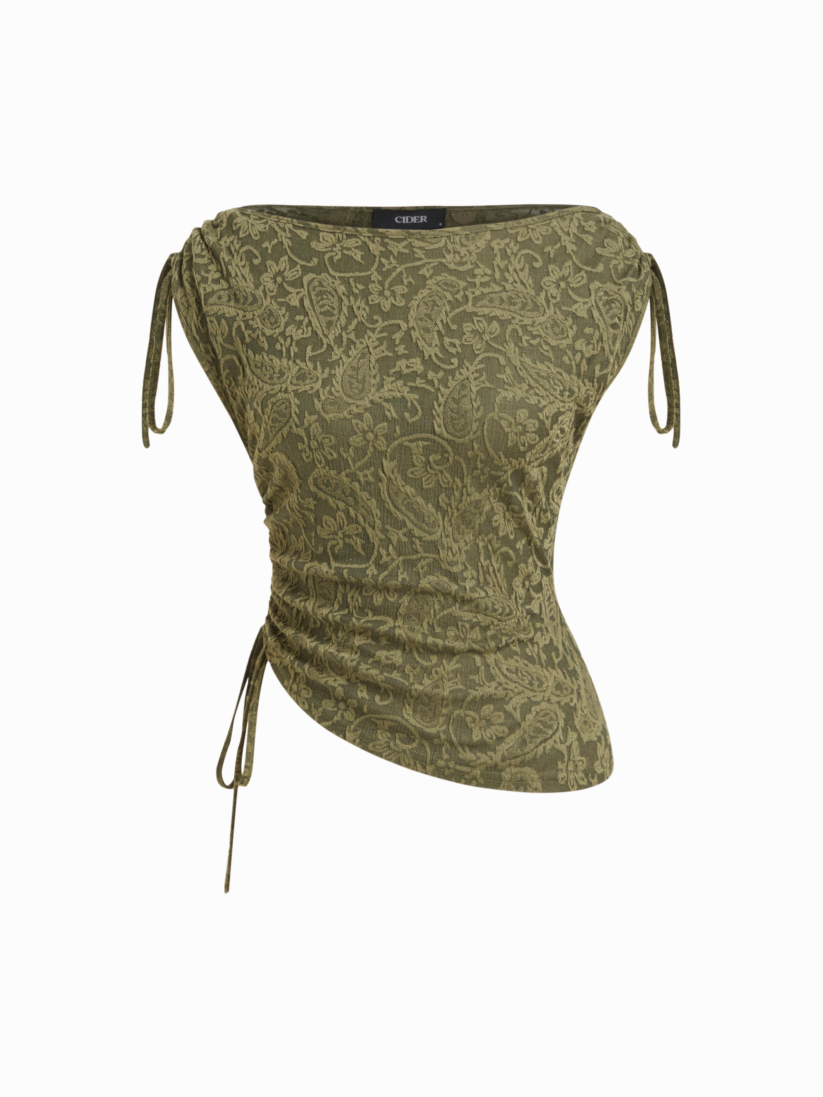 Jacquard Boat Neck Drawstring Ruched Asymmertrical Top by CIDER