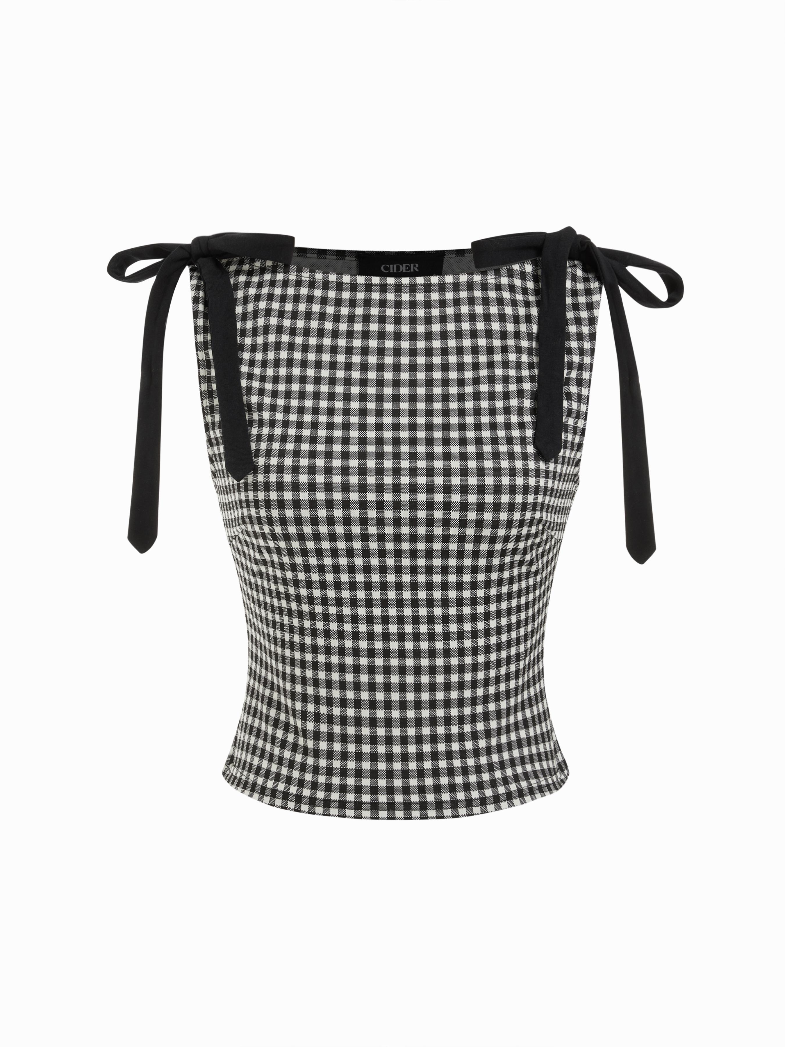 Jacquard Boat Neck Gingham Bowknot Tank Top by CIDER