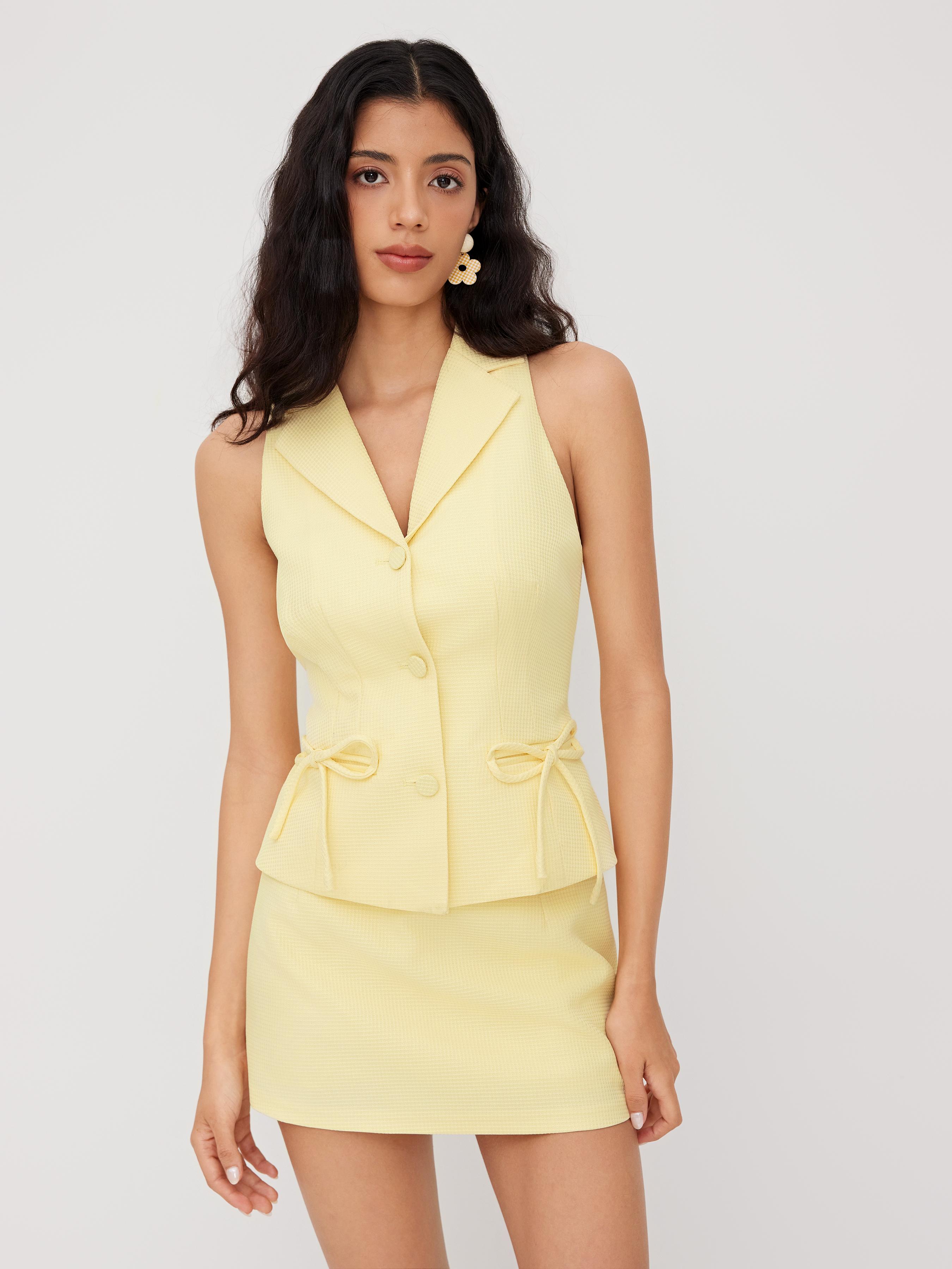 Jacquard Collar Bowknot Vest & Mid Rise Mini Skirt Set by CIDER