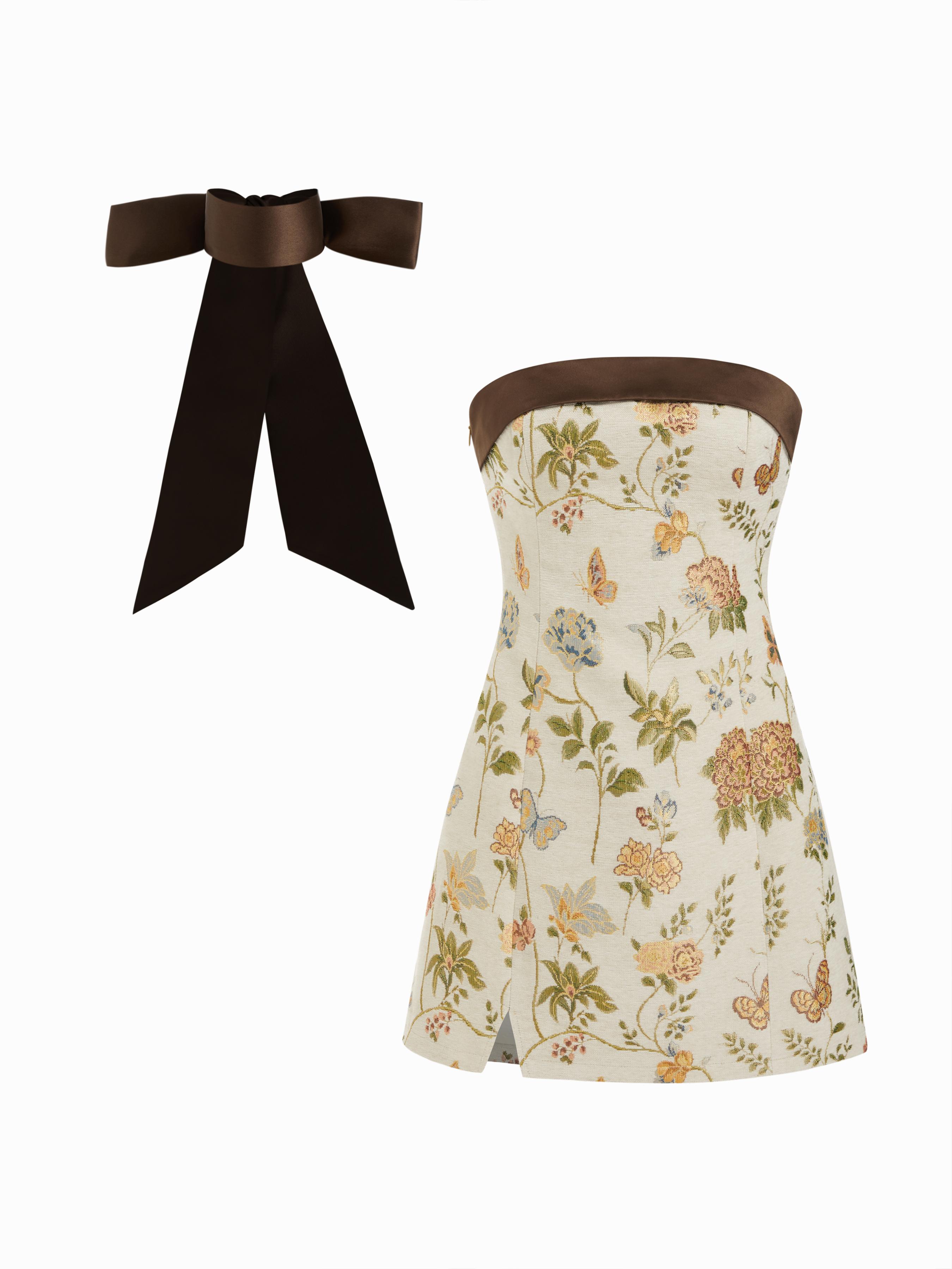 Jacquard Floral Bandeau A-line Mini Dress With Bowknot Scarf by CIDER