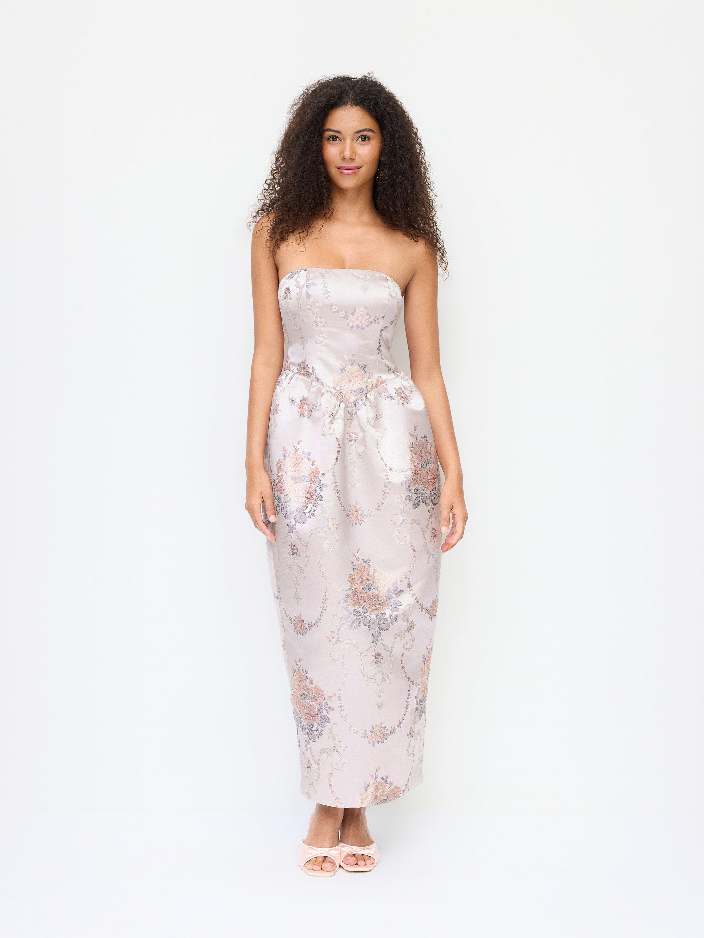 Jacquard Floral Bandeau Bowknot Bubble Maxi Dress by CIDER