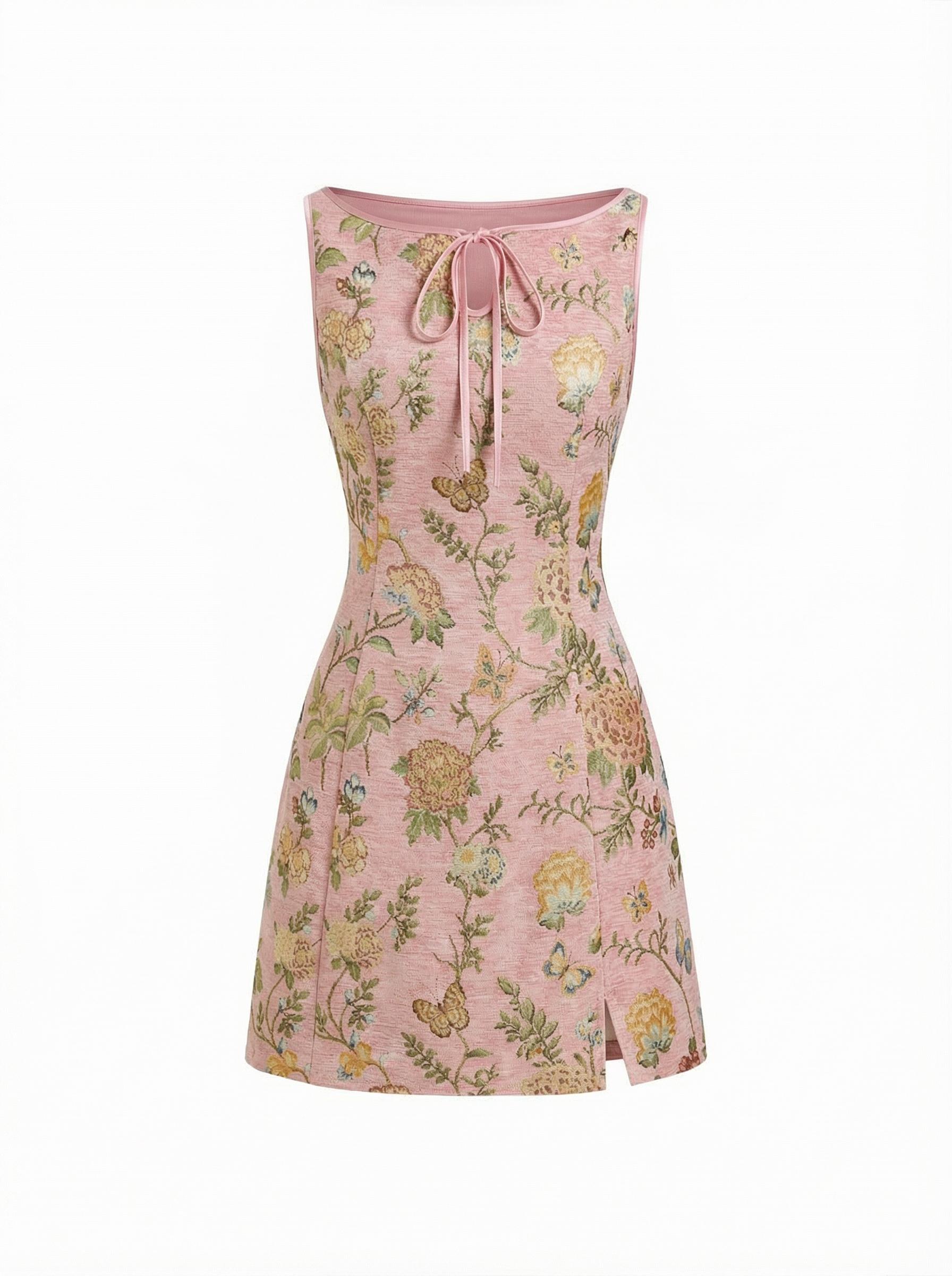 Jacquard Floral Boat Neck Cut Out Mini Dress by CIDER