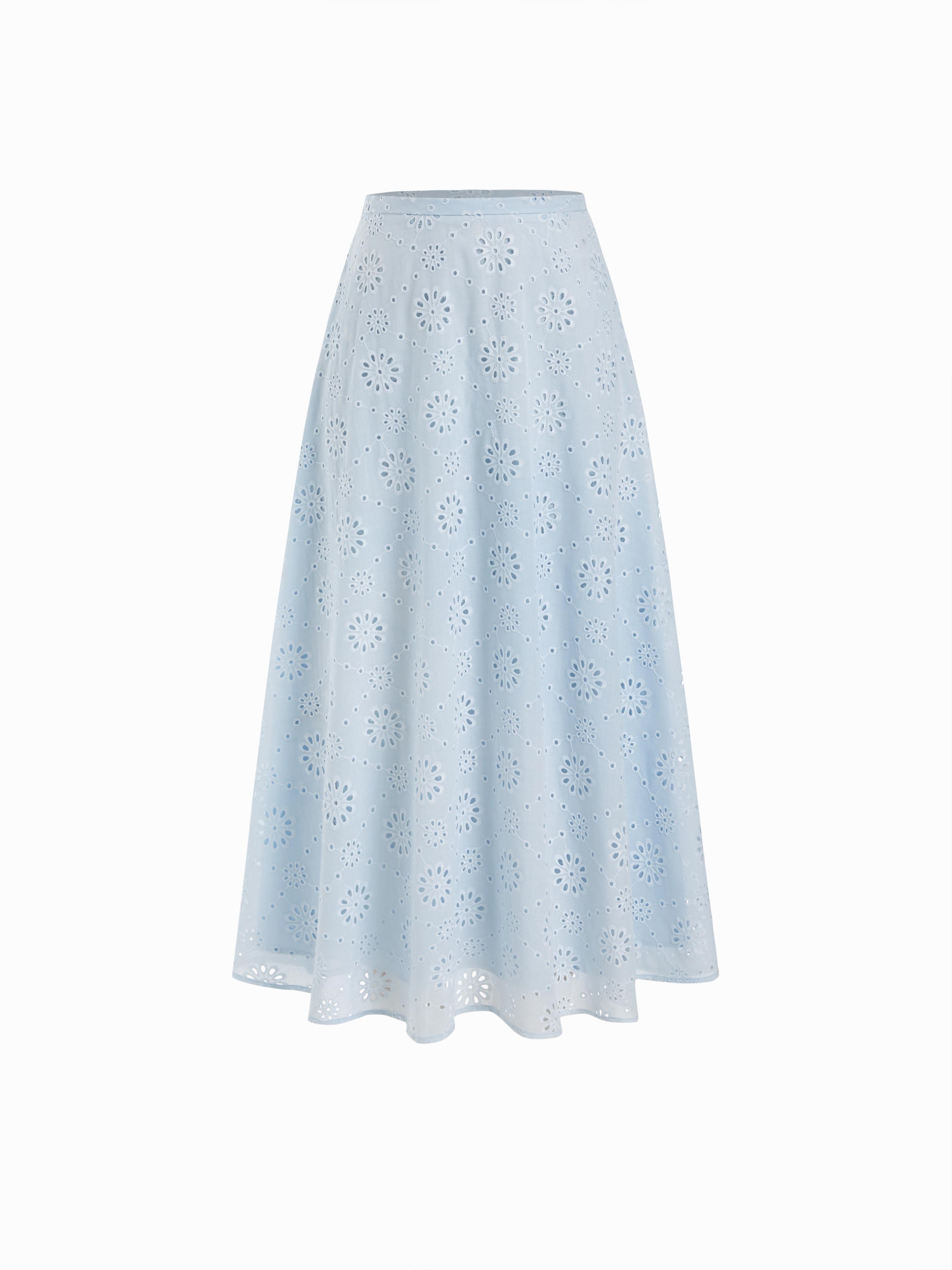 Jacquard Floral Broderie Anglaise Textured A-line Mid Rise Maxi Skirt by CIDER