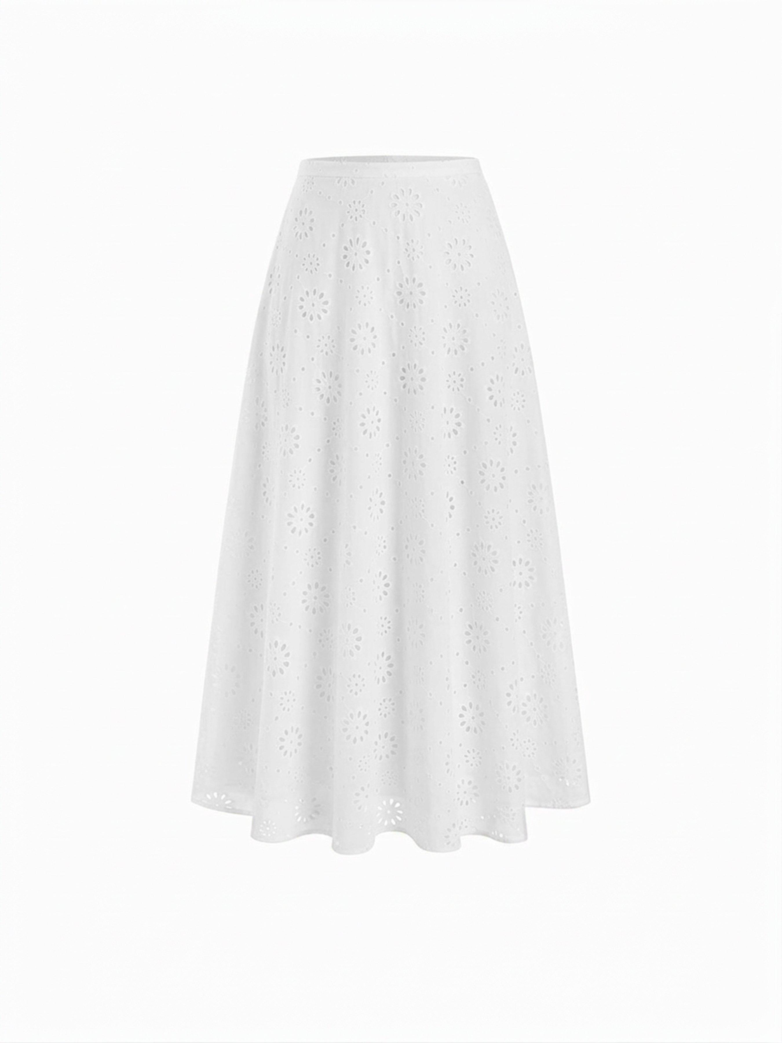 Jacquard Floral Broderie Anglaise Textured A-line Mid Rise Maxi Skirt by CIDER