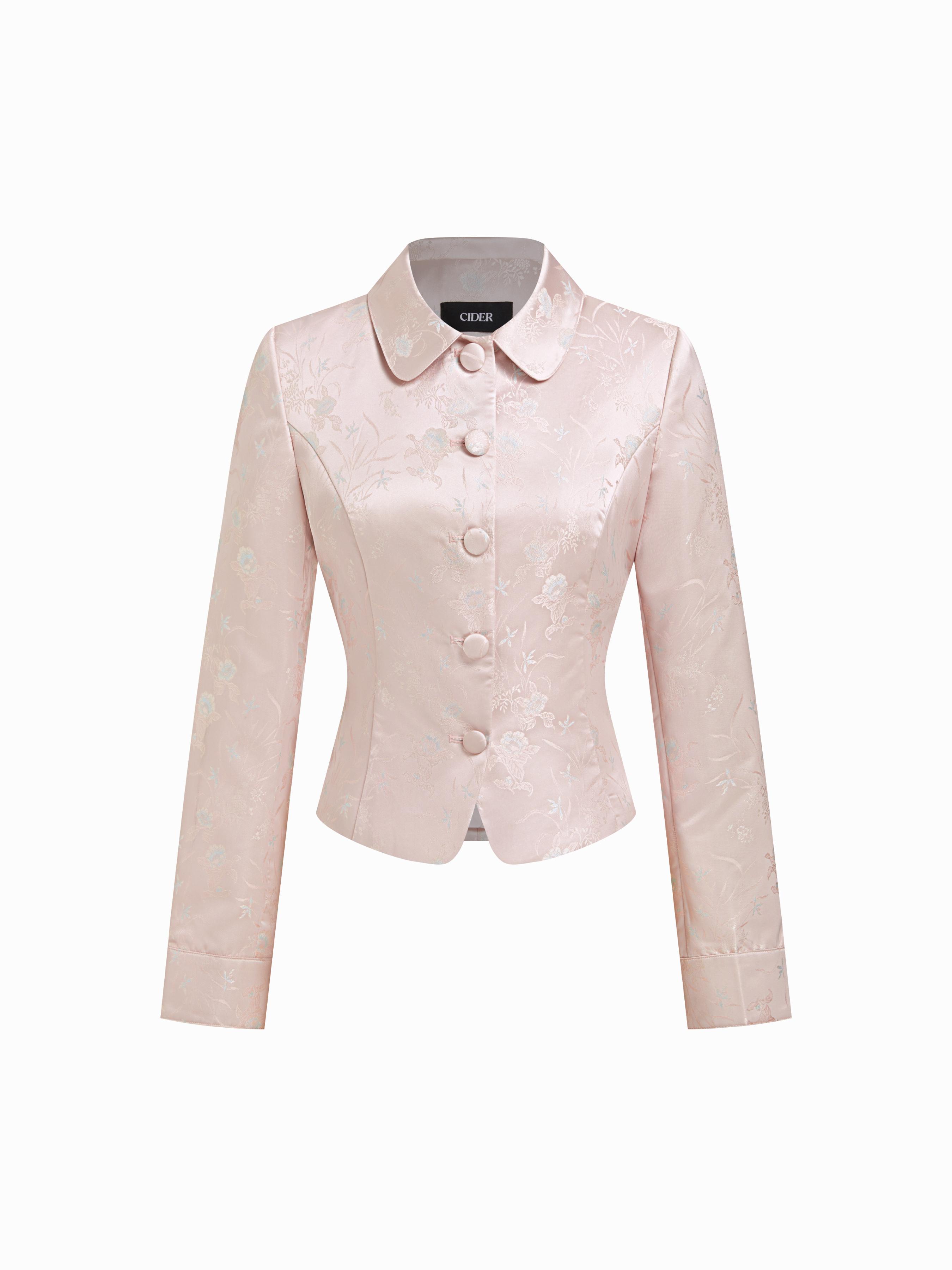 Jacquard Floral Collar Long Sleeve Jacket by CIDER