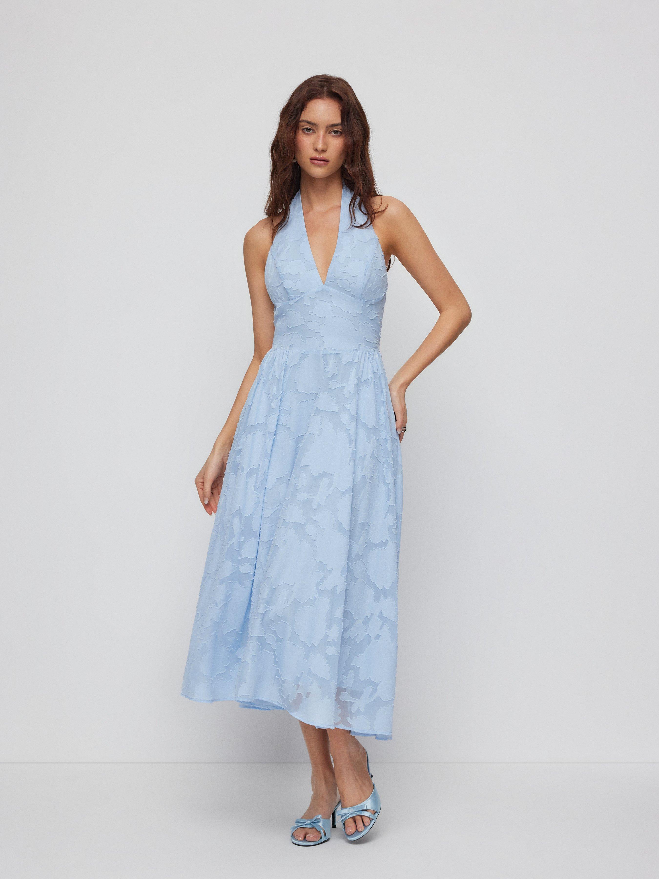 Jacquard Floral Halter Neckline Backless Flared Maxi Dress by CIDER