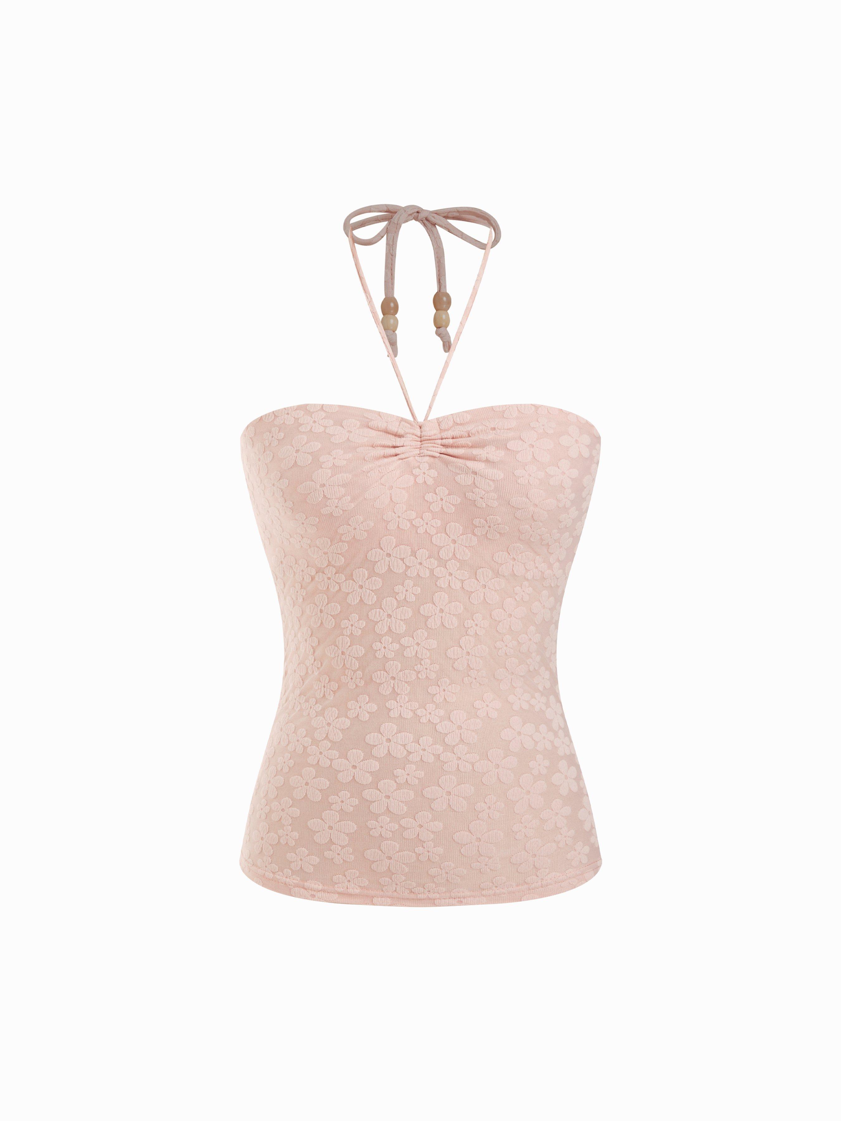 Jacquard Floral Halter Neckline Bowknot Ruched Top by CIDER Jacquard Floral Halter Neckline Bowknot Ruched Top by CIDER