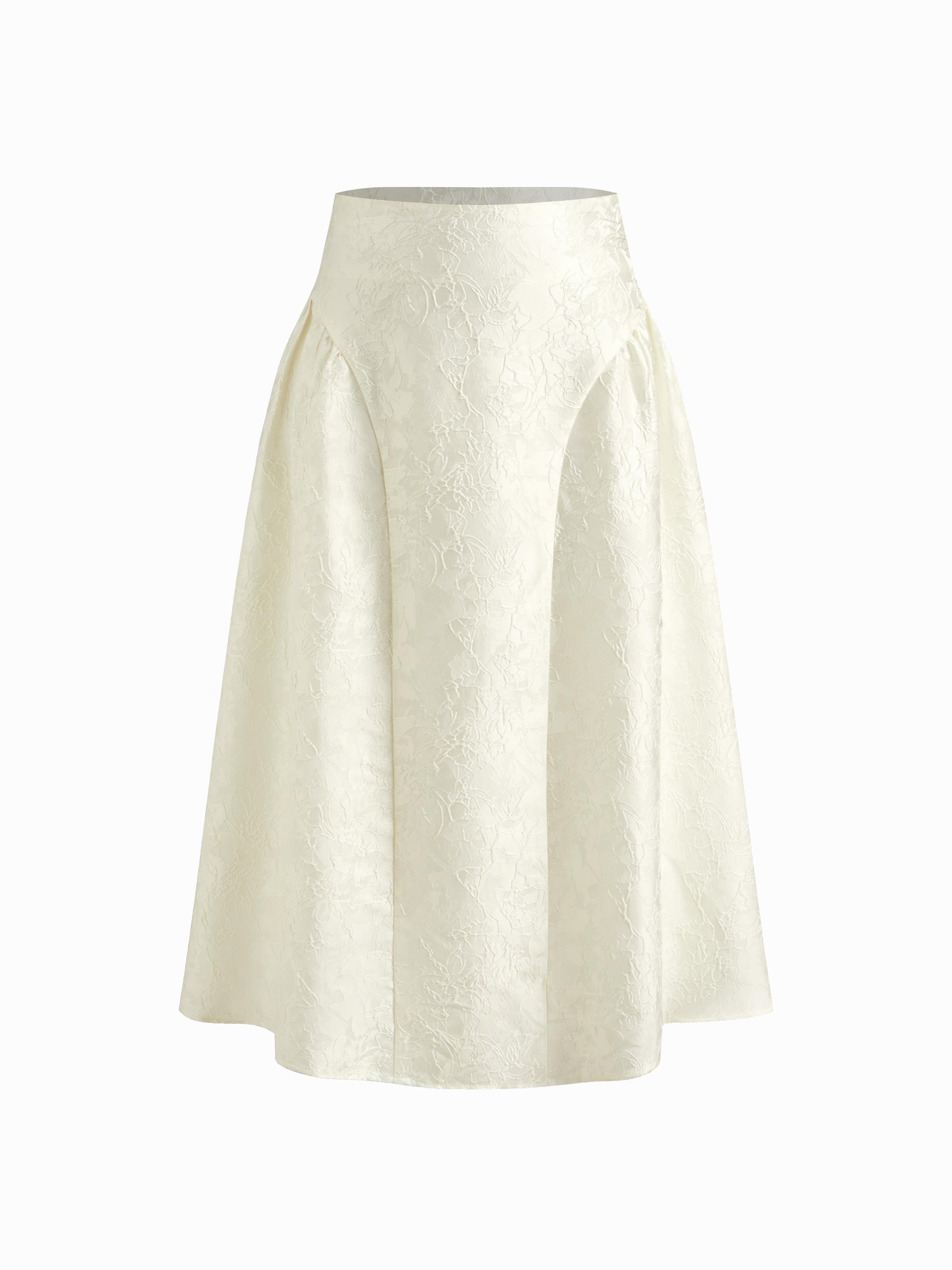 Jacquard Floral Mid Rise Lace Up Midi Skirt by CIDER