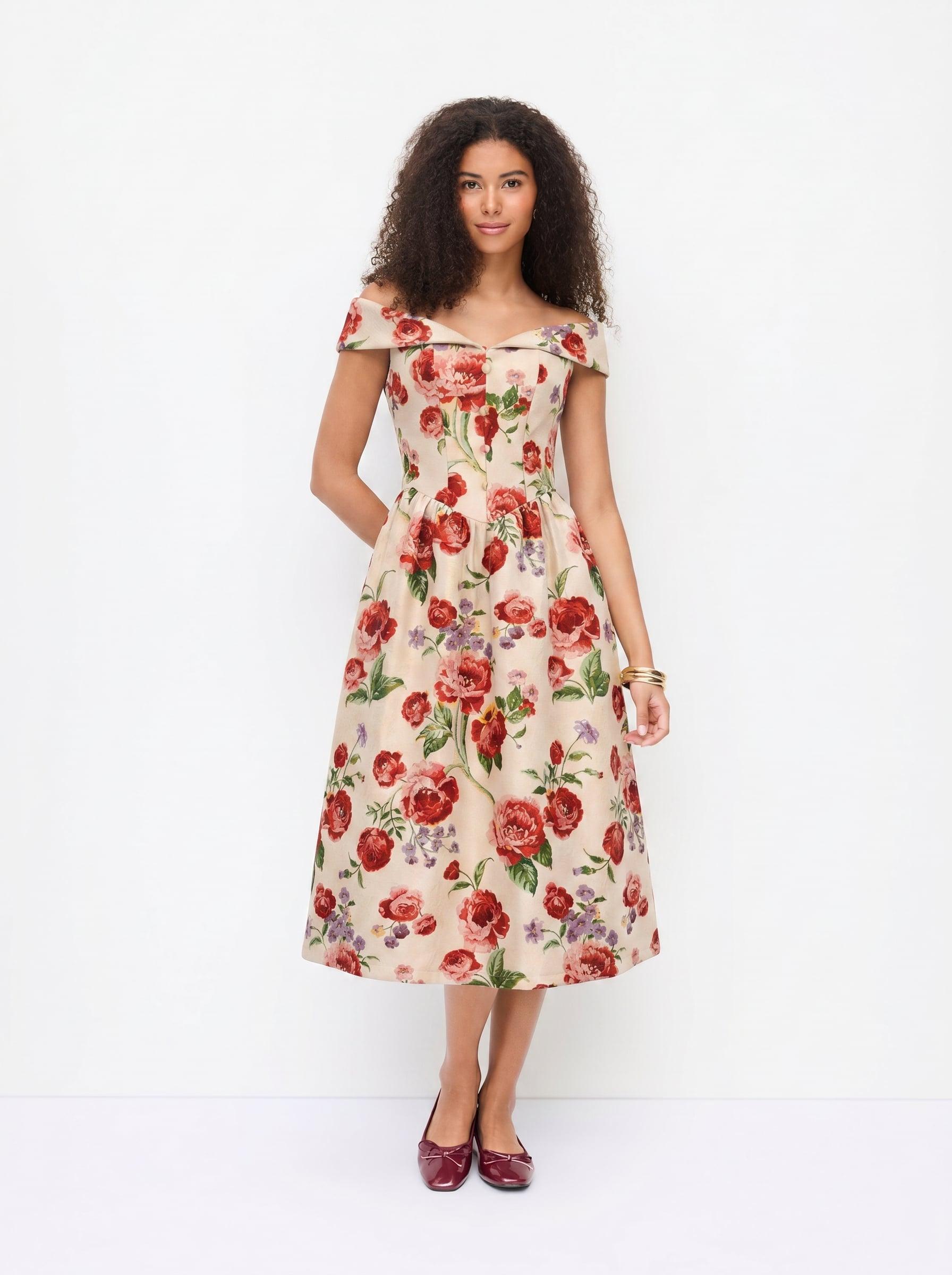 Jacquard Floral Sweetheart Off-shoulder Flared Midi Dress by CIDER