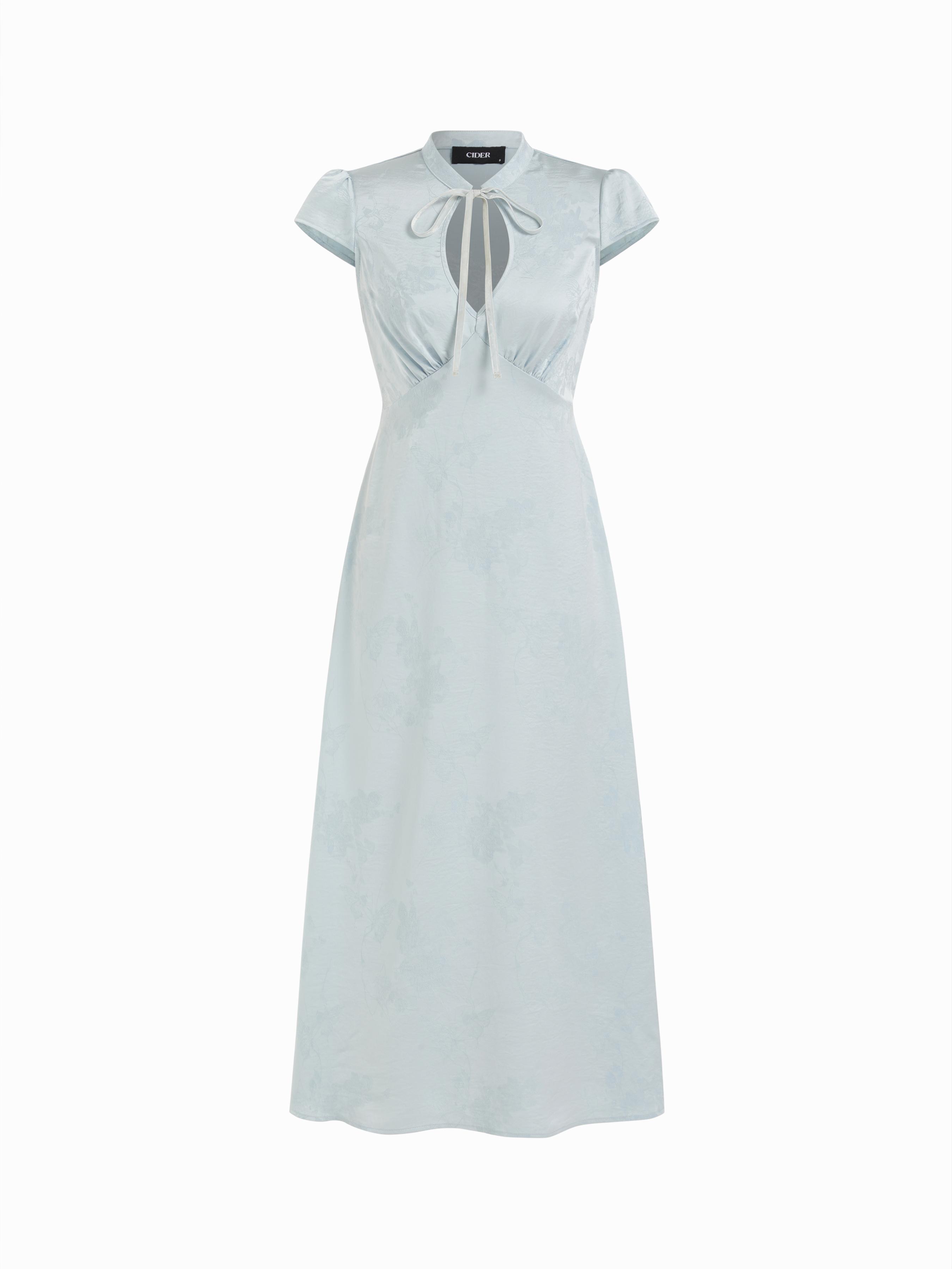 Jacquard Floral Sweetheart Puff Sleeve Cut Out A-line Maxi Dress by CIDER
