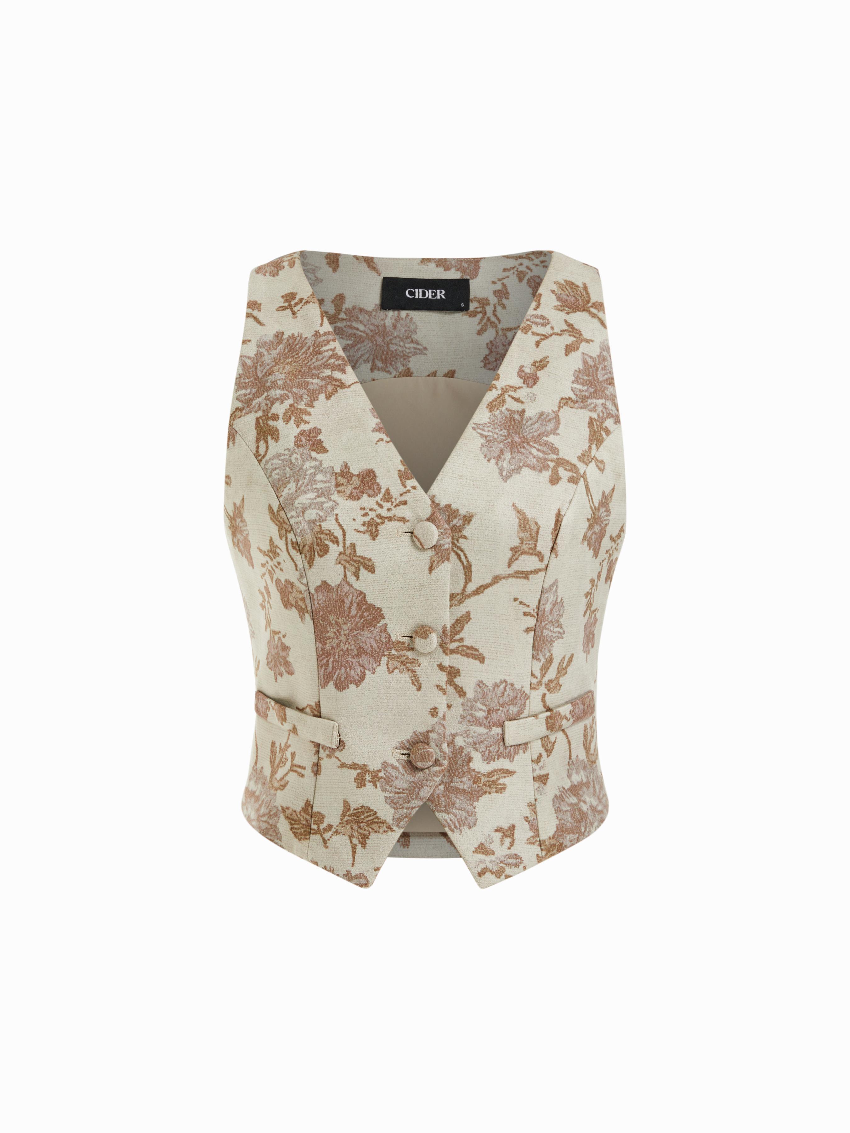 Jacquard Floral V-Neck Blazer Vest by CIDER