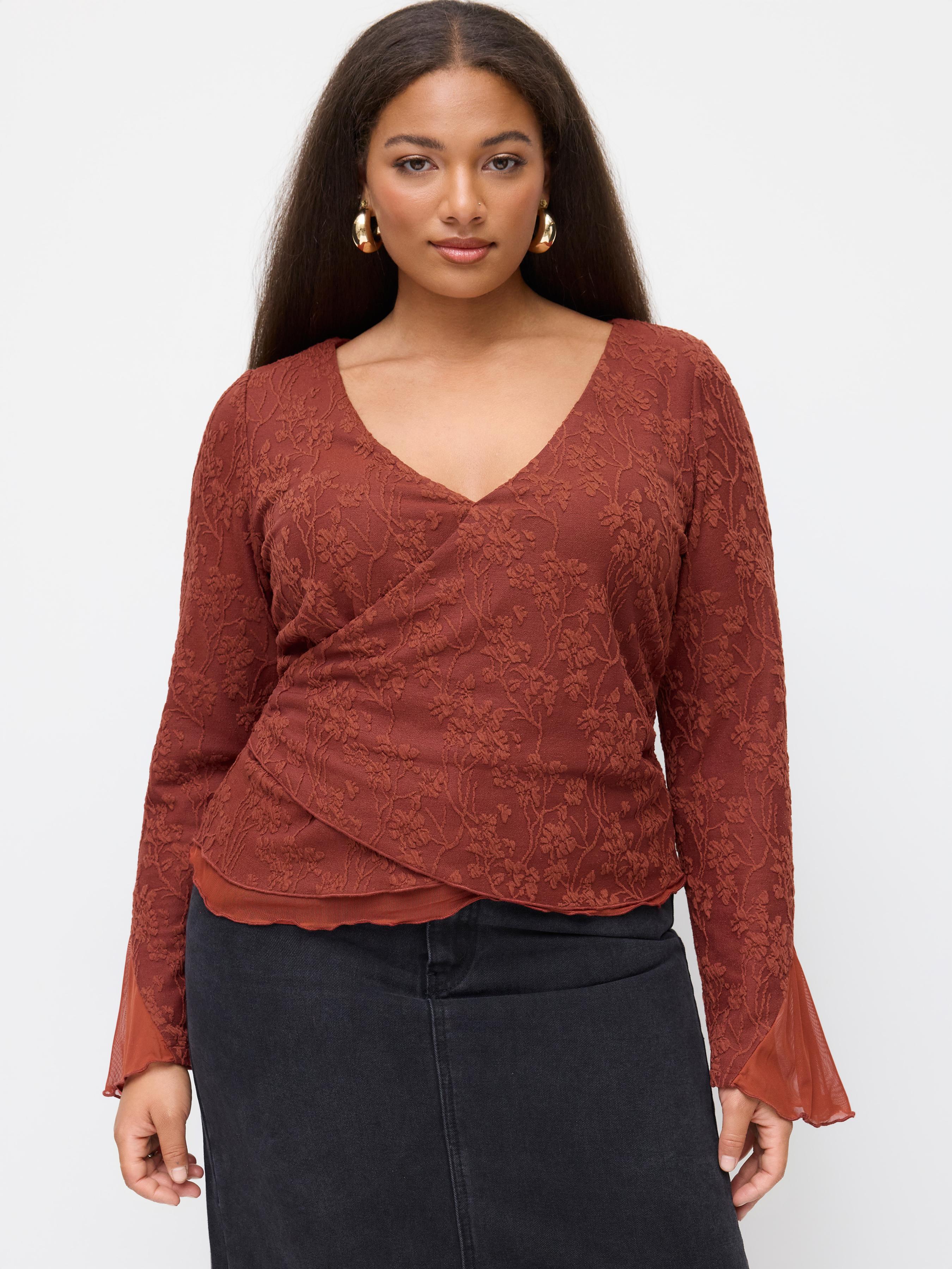 Jacquard Floral V-neck Bell Sleeve Wrap Ruched Top Curve & Plus by CIDER