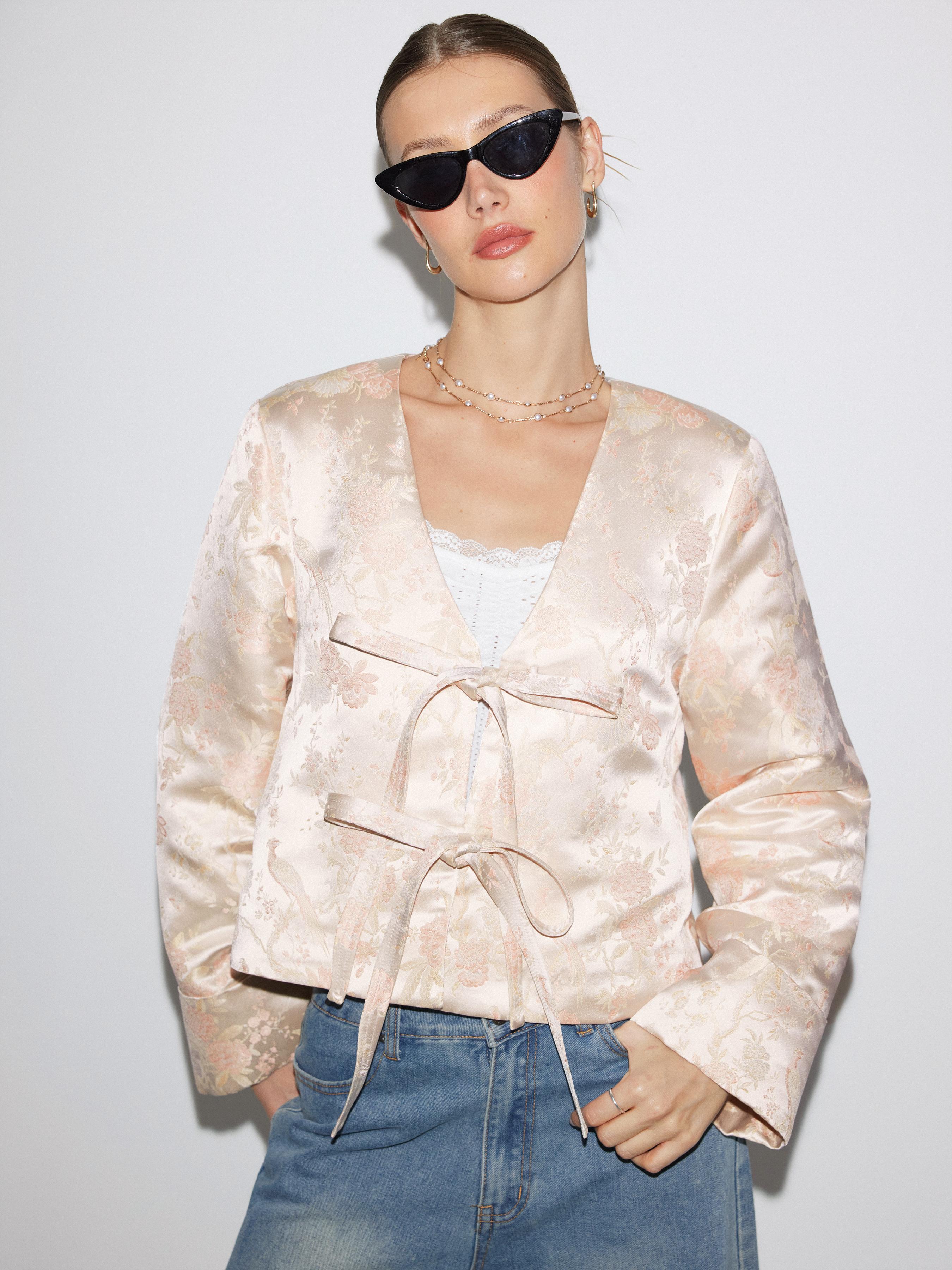 Jacquard Floral V-neck Bowknot Tie Oversized Puffer by CIDER
