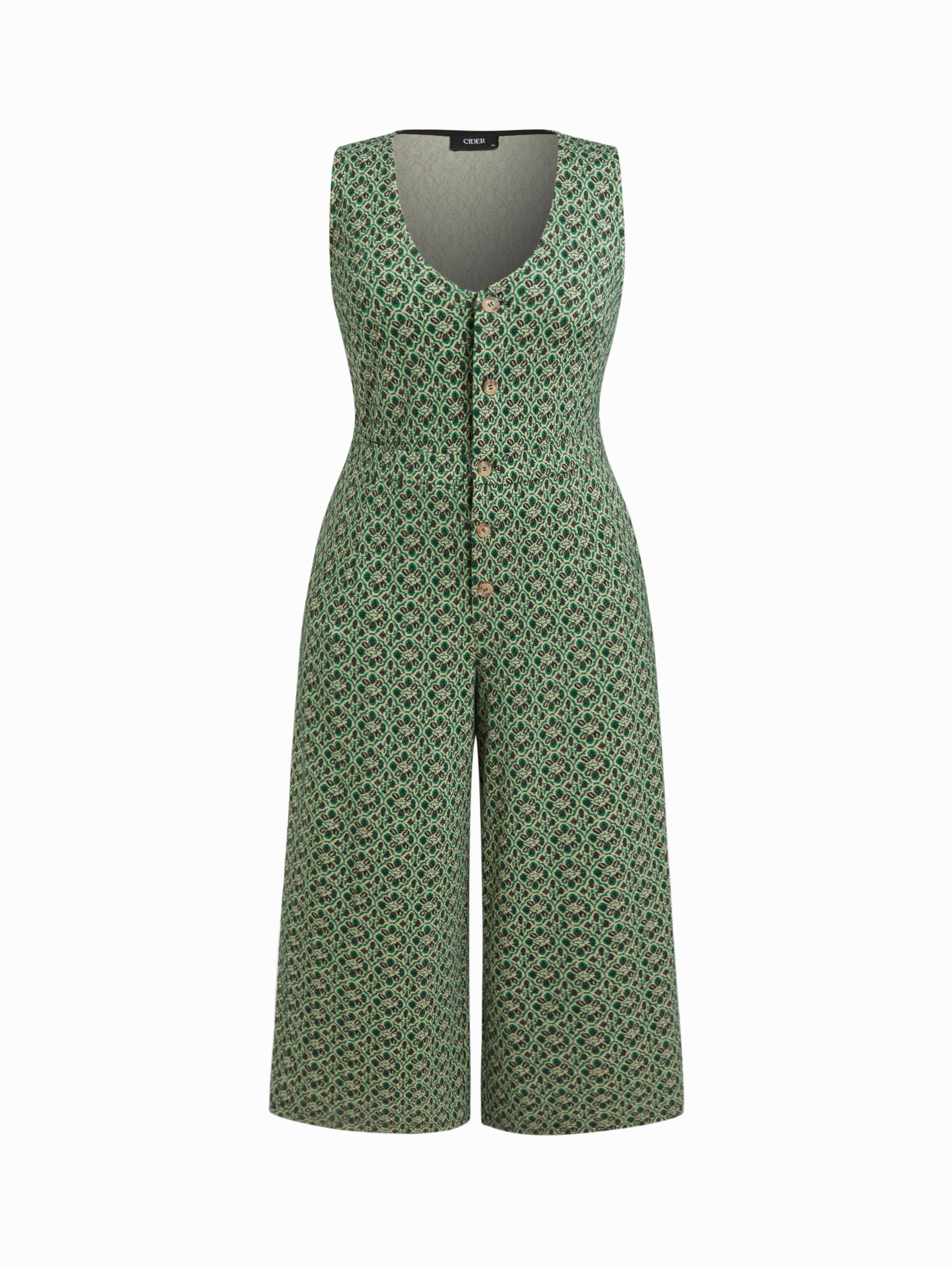 Jacquard Floral V-neck Button Wide Leg Jumpsuit Curve & Plus by CIDER