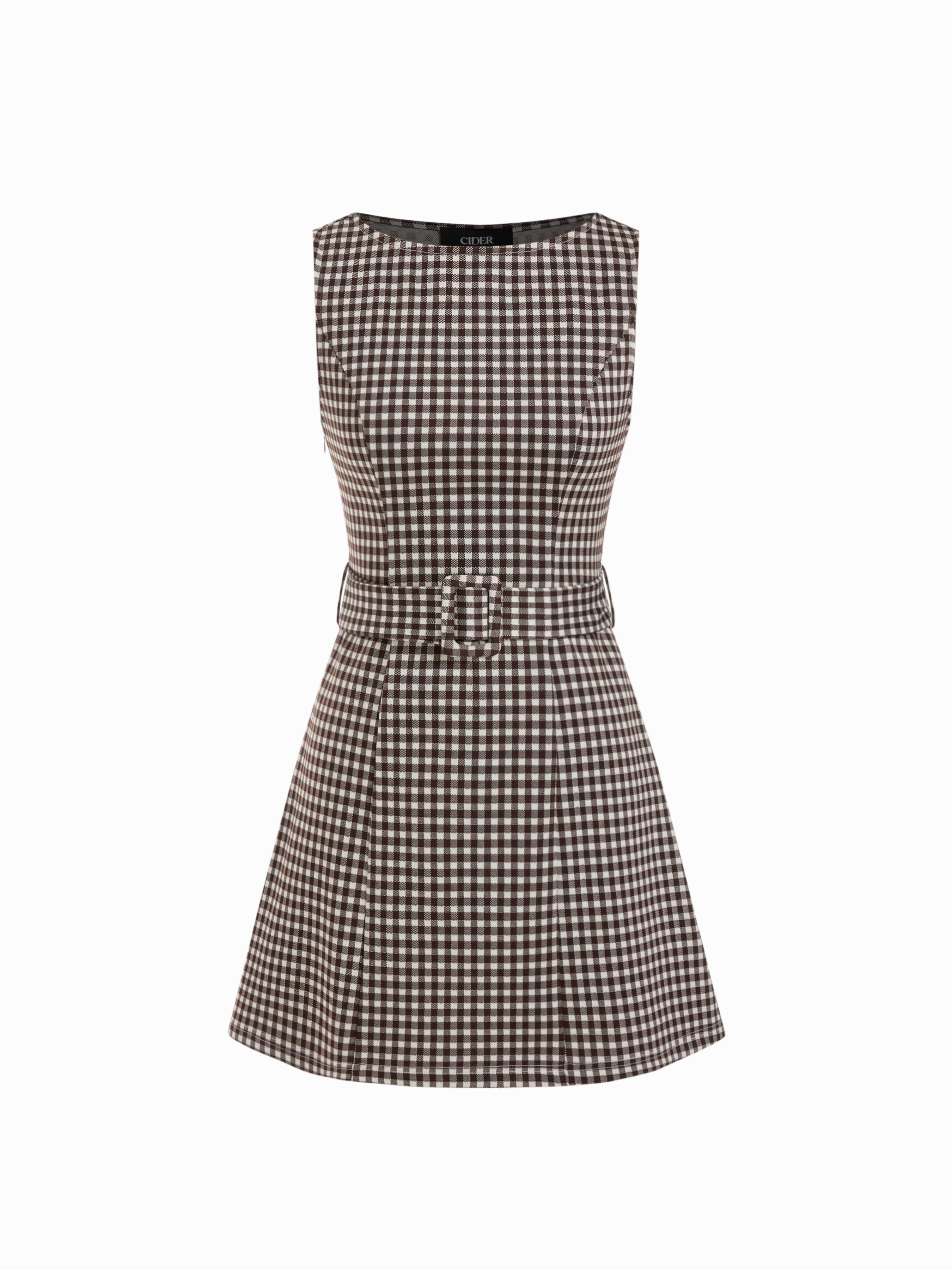 Jacquard Gingham Boat Neck A-line Mini Dress With Belt by CIDER