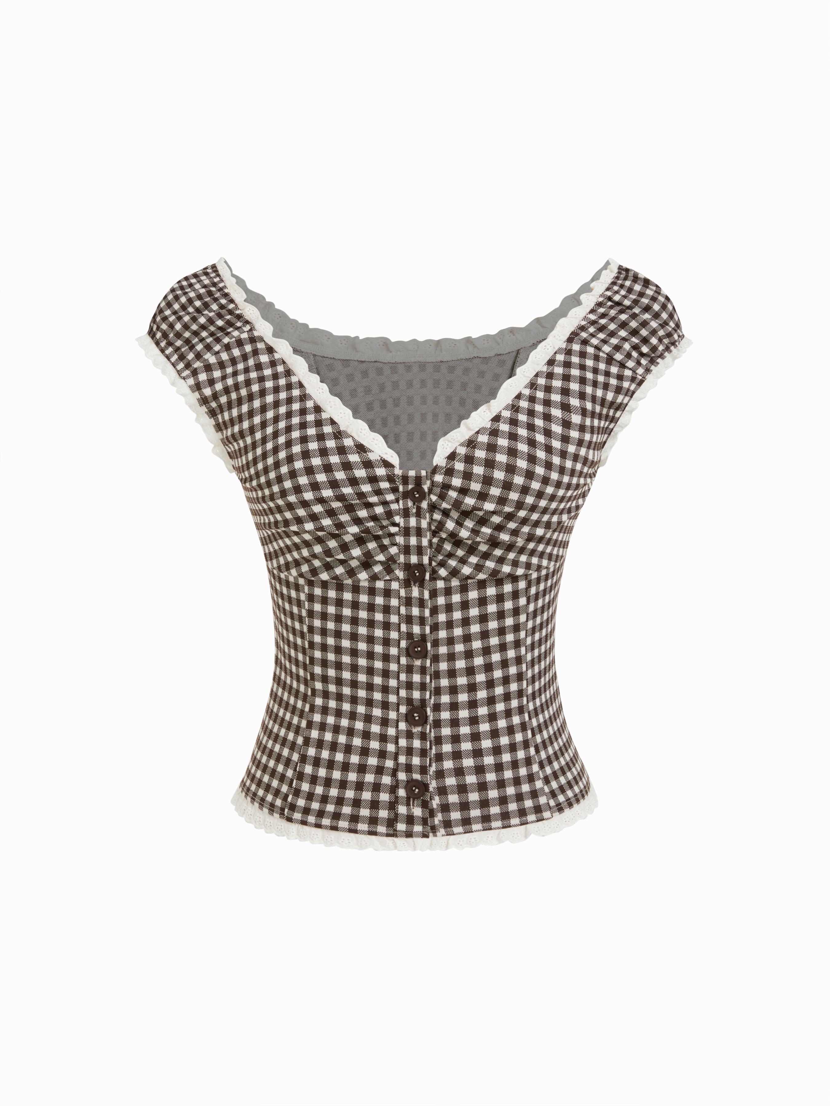 Jacquard Gingham Sweetheart Raglan Sleeve Ruched Top by CIDER