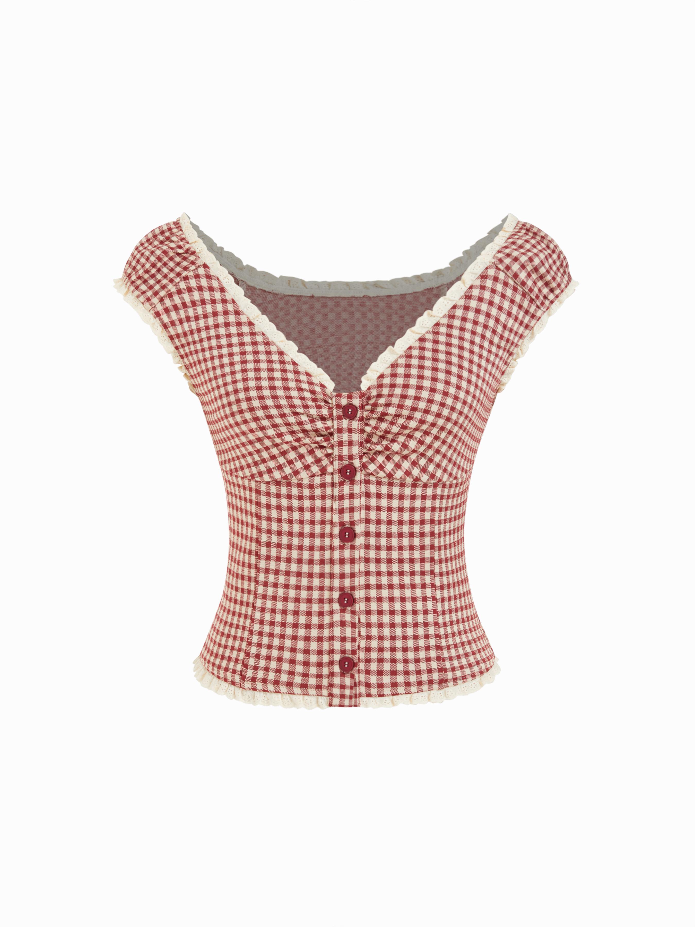 Jacquard Gingham Sweetheart Raglan Sleeve Ruched Top by CIDER Jacquard Gingham Sweetheart Raglan Sleeve Ruched Top by CIDER