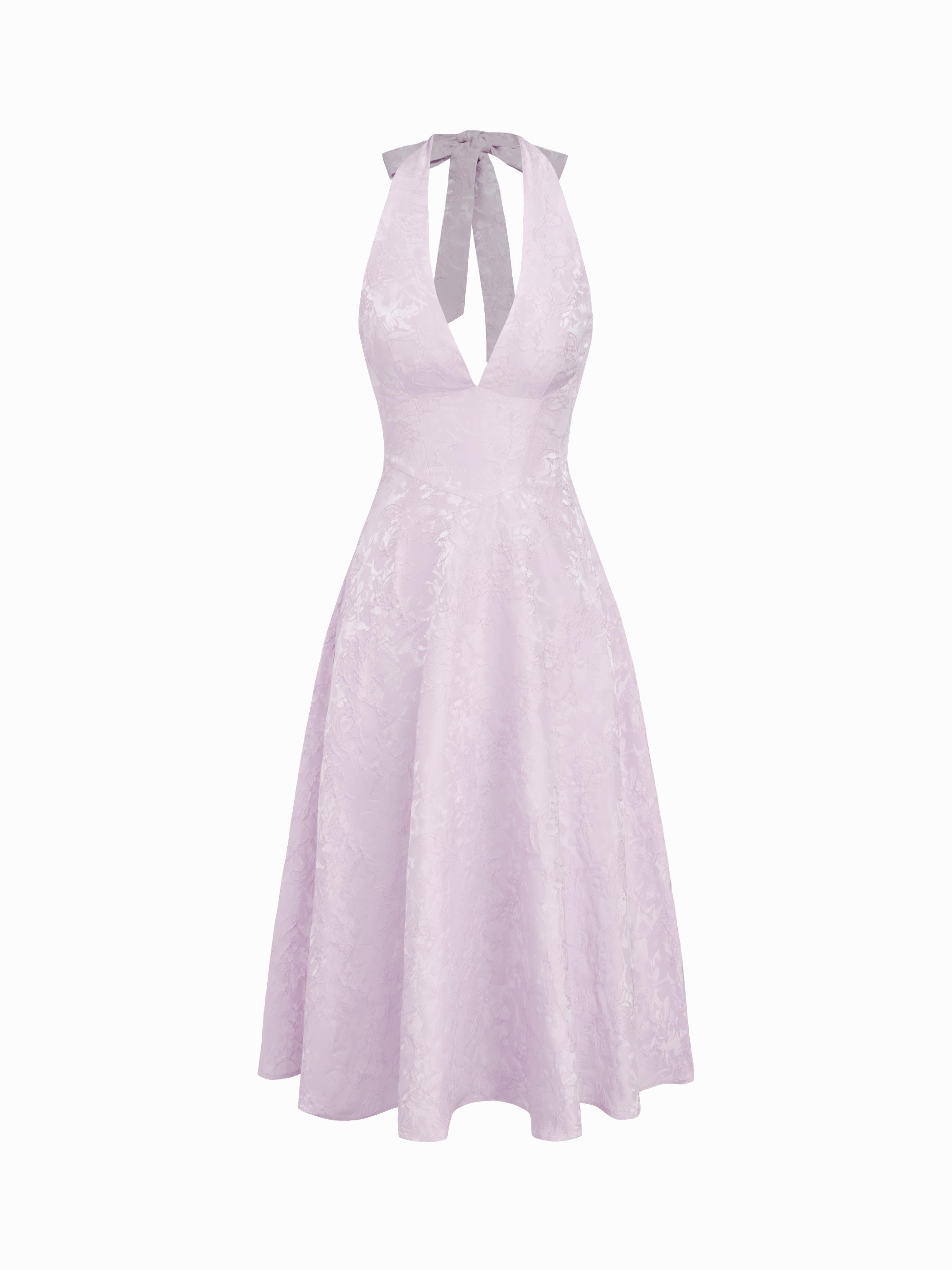 Jacquard Halter Neckline Floral Lace Up Maxi Dress by CIDER
