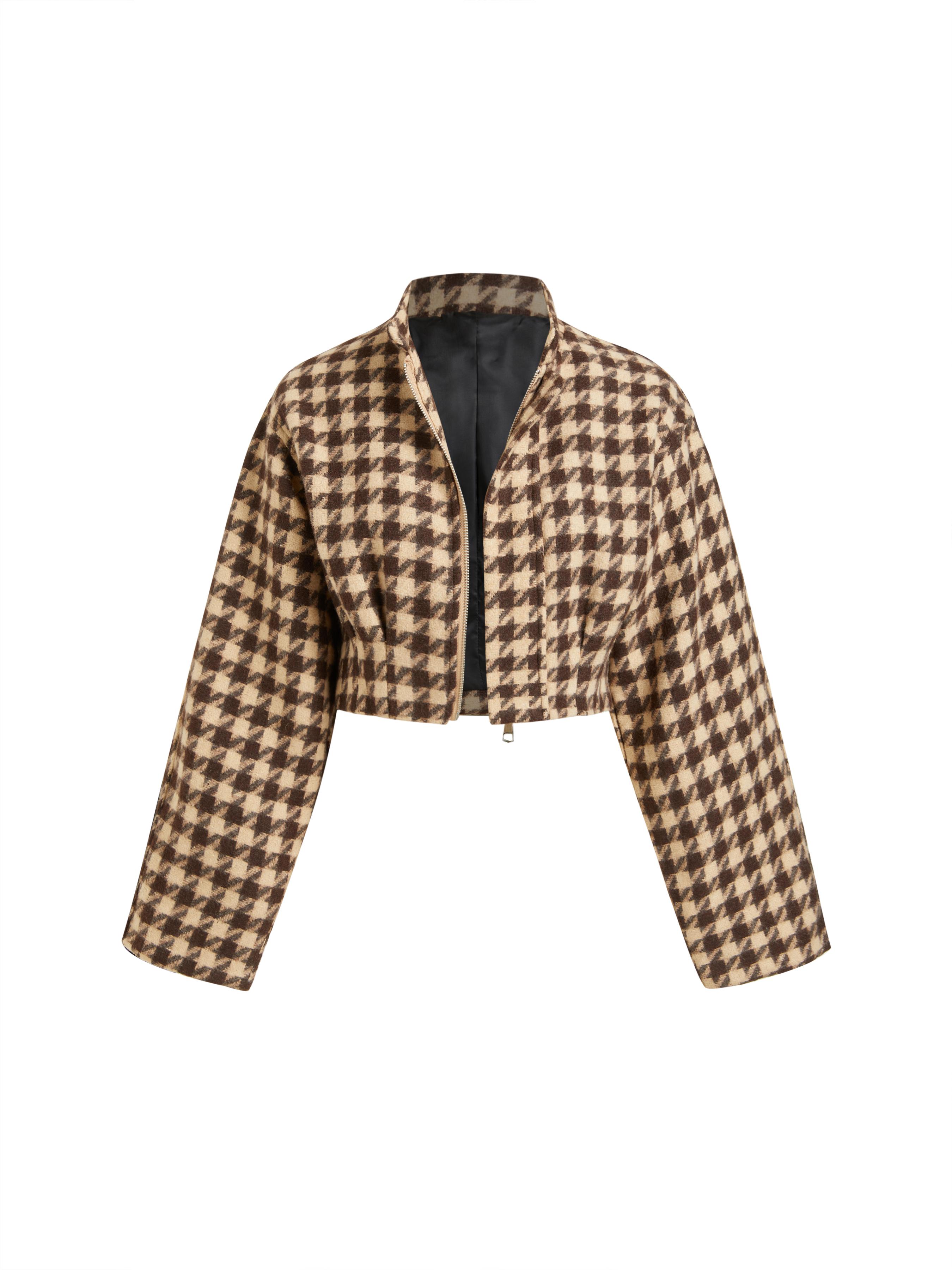 Jacquard Houndstooth Pleated Stand Collar Crop Jacket by CIDER