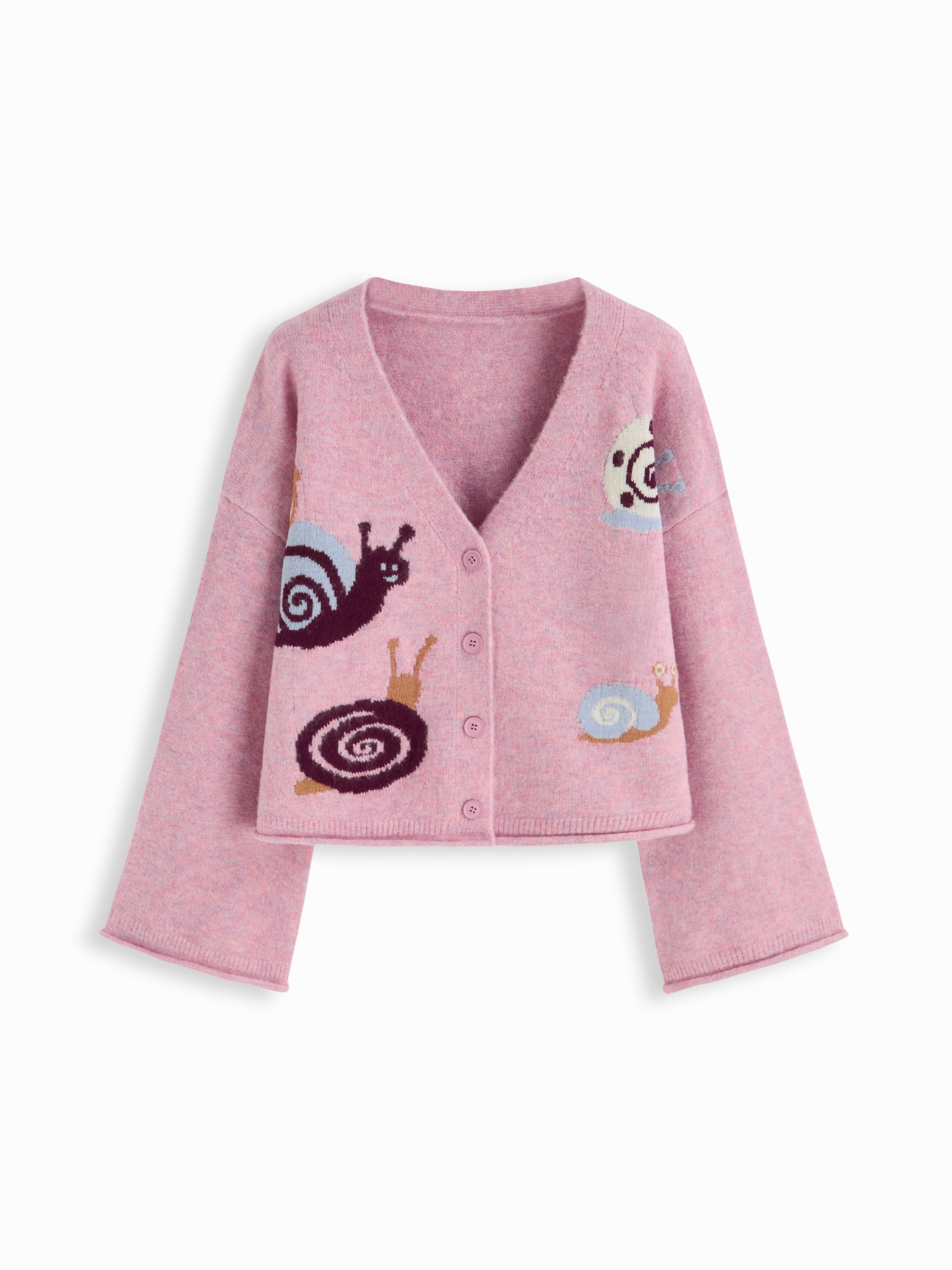 Jacquard Knit V-Neck Snail Bell Sleeve Oversized Cardigan by CIDER