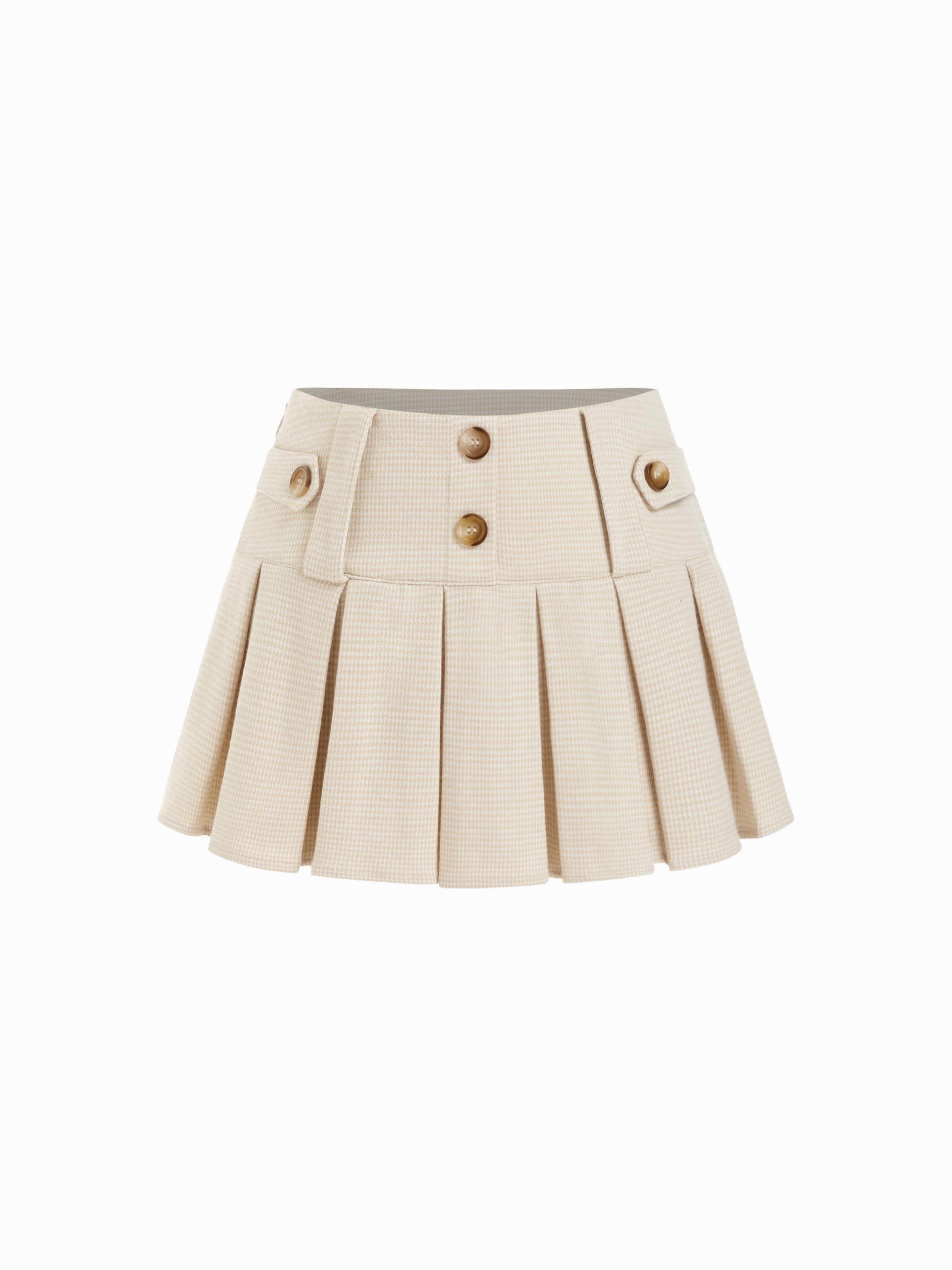 Jacquard Low Rise Houndstooth Pleated Mini Skort With Button Detail by CIDER