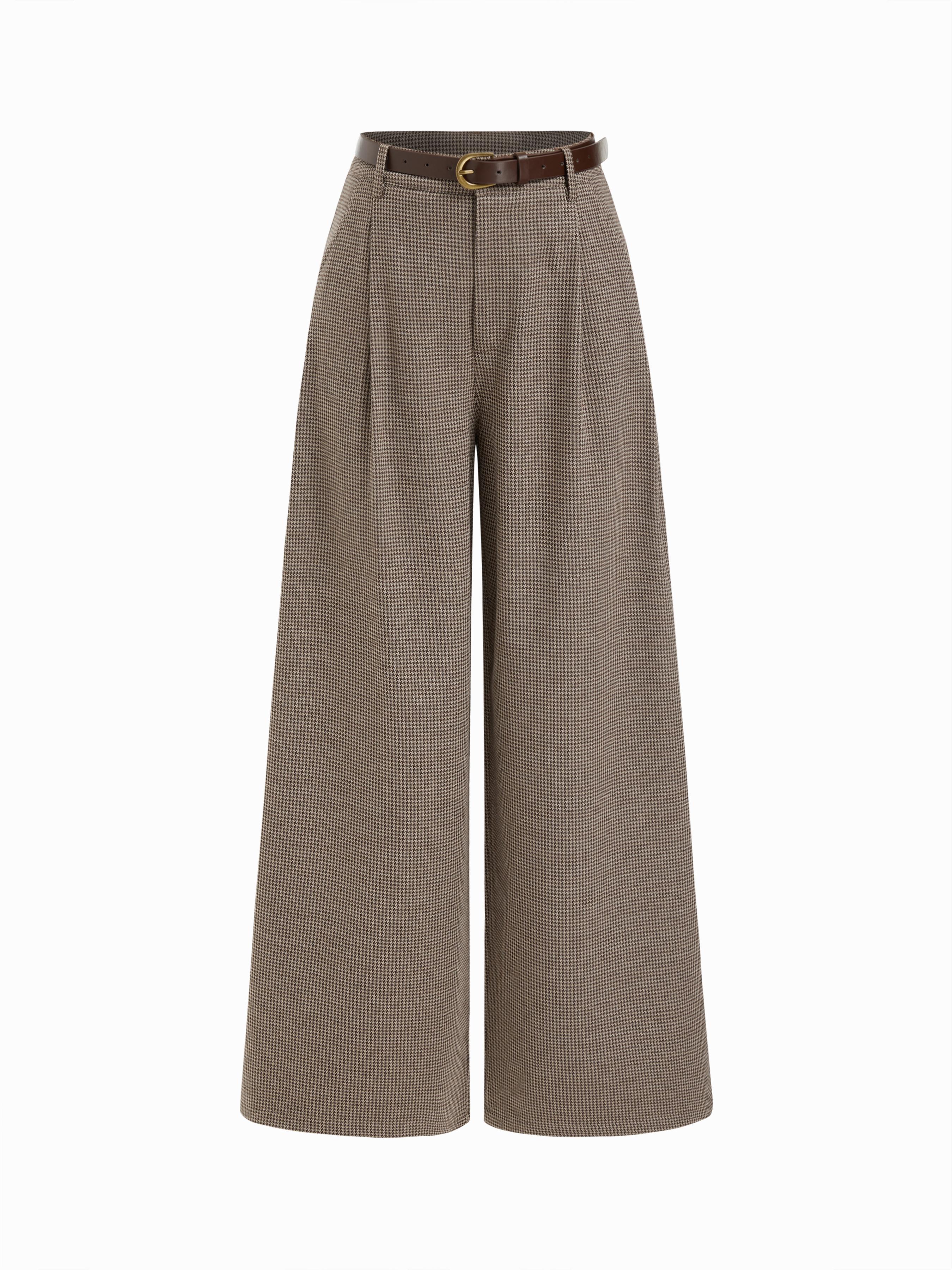 Jacquard Low Rise Houndstooth Pleated Wide Leg Trousers With Belt by CIDER