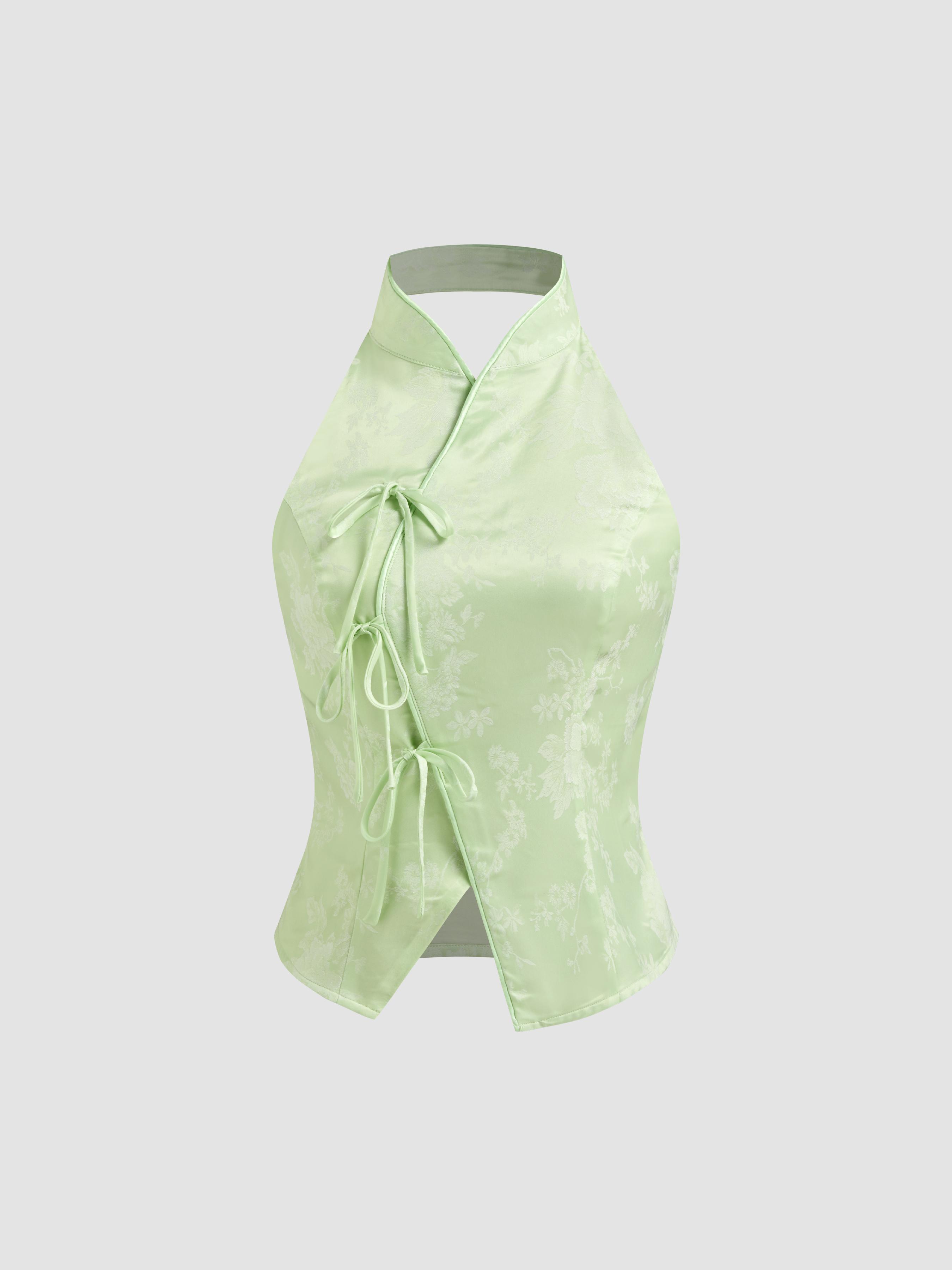 Jacquard Mandarin Collar Floral Bowknot Tank Top by CIDER